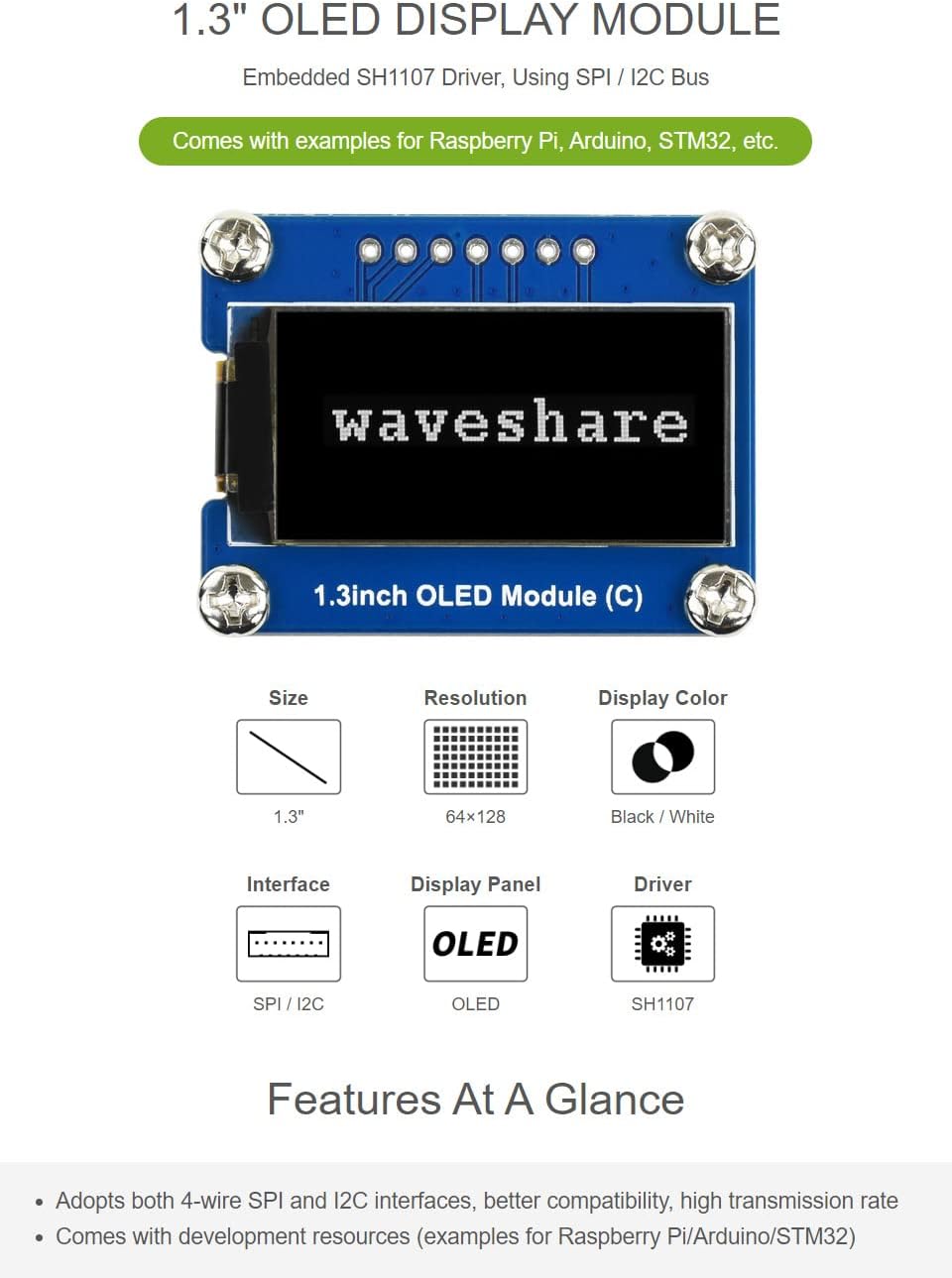 waveshare 1.3inch 64128 I2C OLED Module, Resolution Black/White Display Module with SPI and Interface for Raspberry Pi