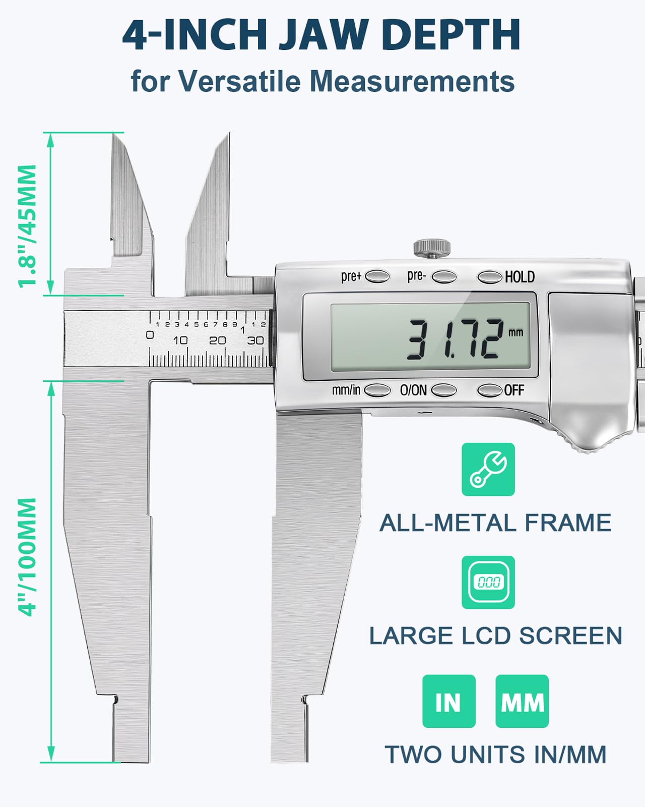 Mxmoonfree 12-Inch Digital Caliper with 4-Inch Jaw Depth, Precision Measuring Tool, Full Metal Frame, Large LCD Screen, Resolution 0.0005"/0.01mm, Ideal for Professionals & Hobbyists