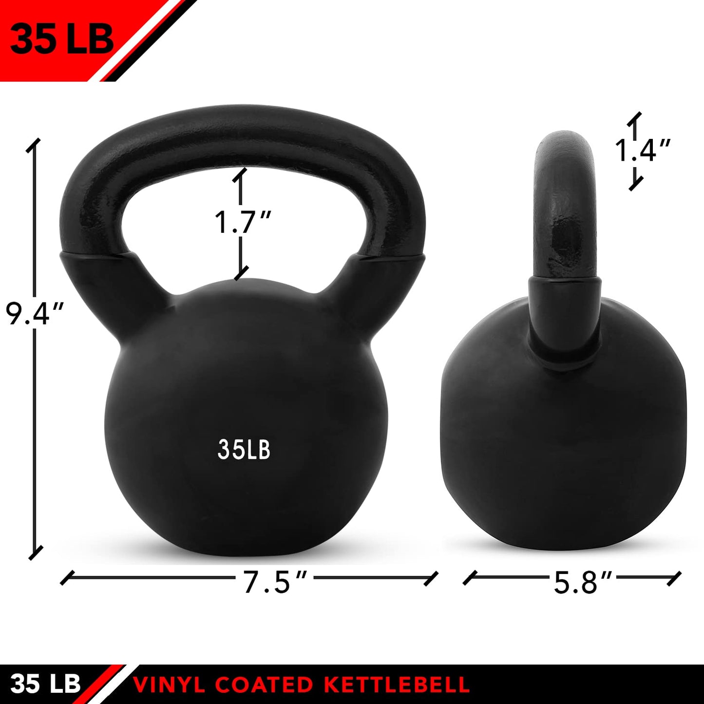 JFIT Vinyl-Coated Cast Iron Kettlebell Weight – Flat Bottom Kettlebell for Strength Training, Cross Training & Home Gym Workouts, 35LB-Black
