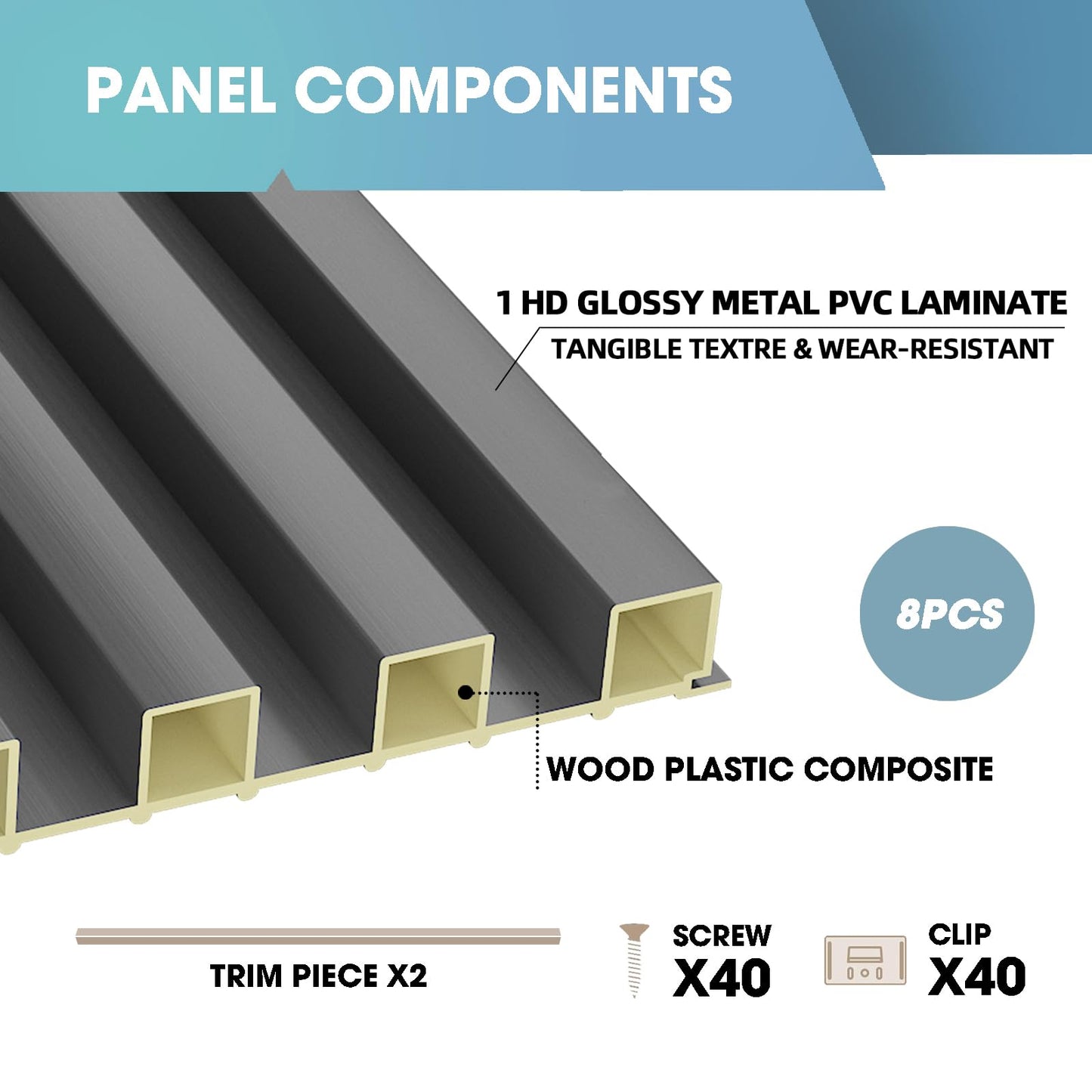 OUZUGIE WPC Acoustic Slat Wall Paneling, 8-Pack 114 x 6 Inches 3D Wall Panels for Interior Wall Decor,Living Room,TV Background,Study Room,Office Spaces,Bedroom,High Grille (Metallic Dark Gray)