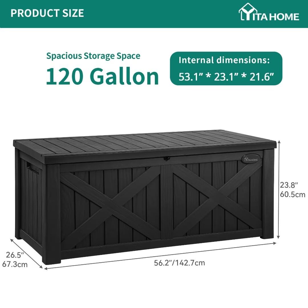 YITAHOME 150 Gallon Large Deck Box with X-Shaped Front, Resin Outdoor Storage Boxes, Waterproof Cushion Storage Bench for Patio, Pool Supplies, Garden Tools - Lockable, Black