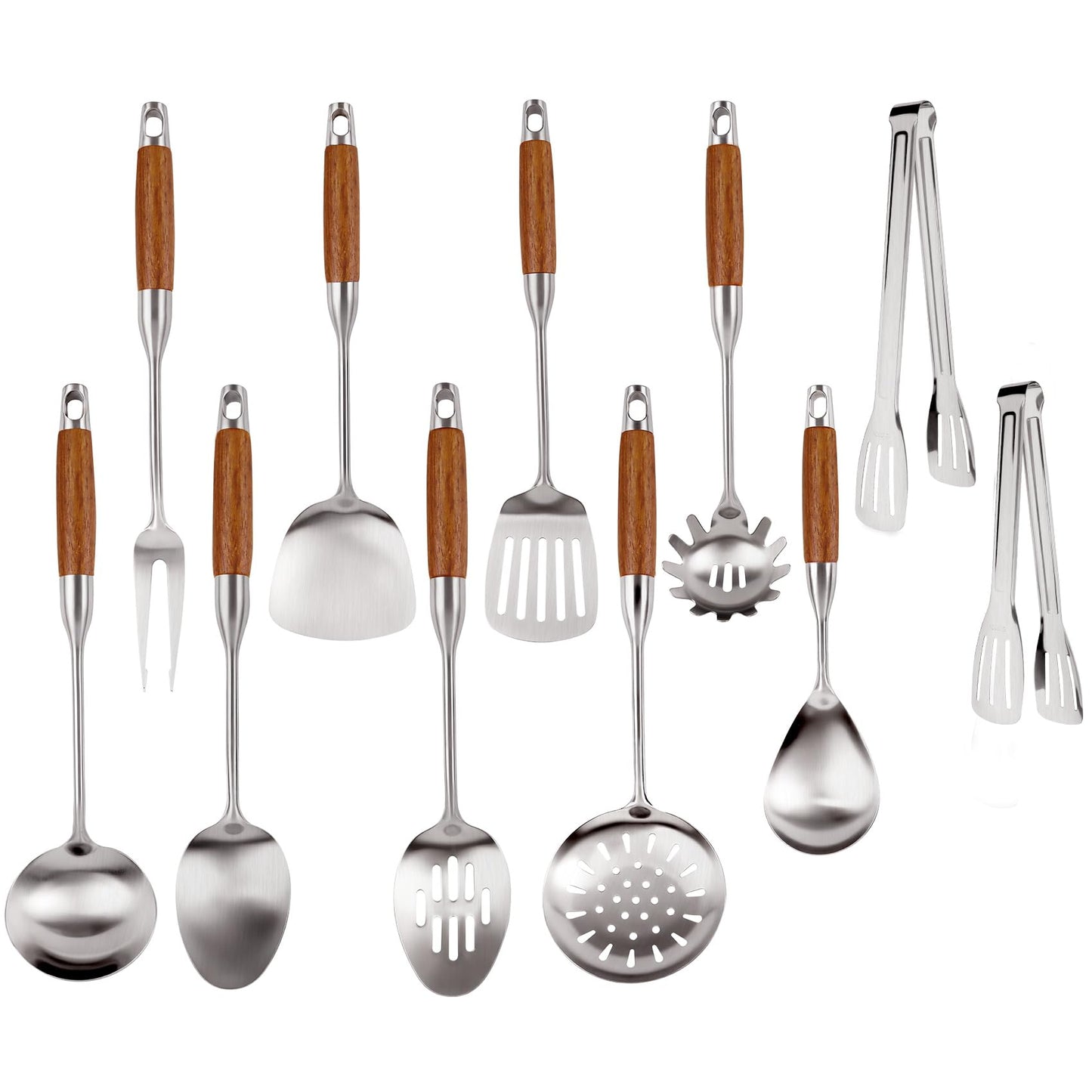 304 Stainless Steel Kitchen Utensils Set with Wooden Handle, 11 Pcs Long Heat Resistant Metal Cooking Utensils Set, Stainless Steel Cooking Utensils Set with Spatula, Turner, Solid and Slotted Spoon
