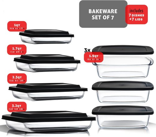 EATEX Glass Food Storage Containers Set - 7-Pack Baking Dishes with Lids | Oven & Microwave Safe
