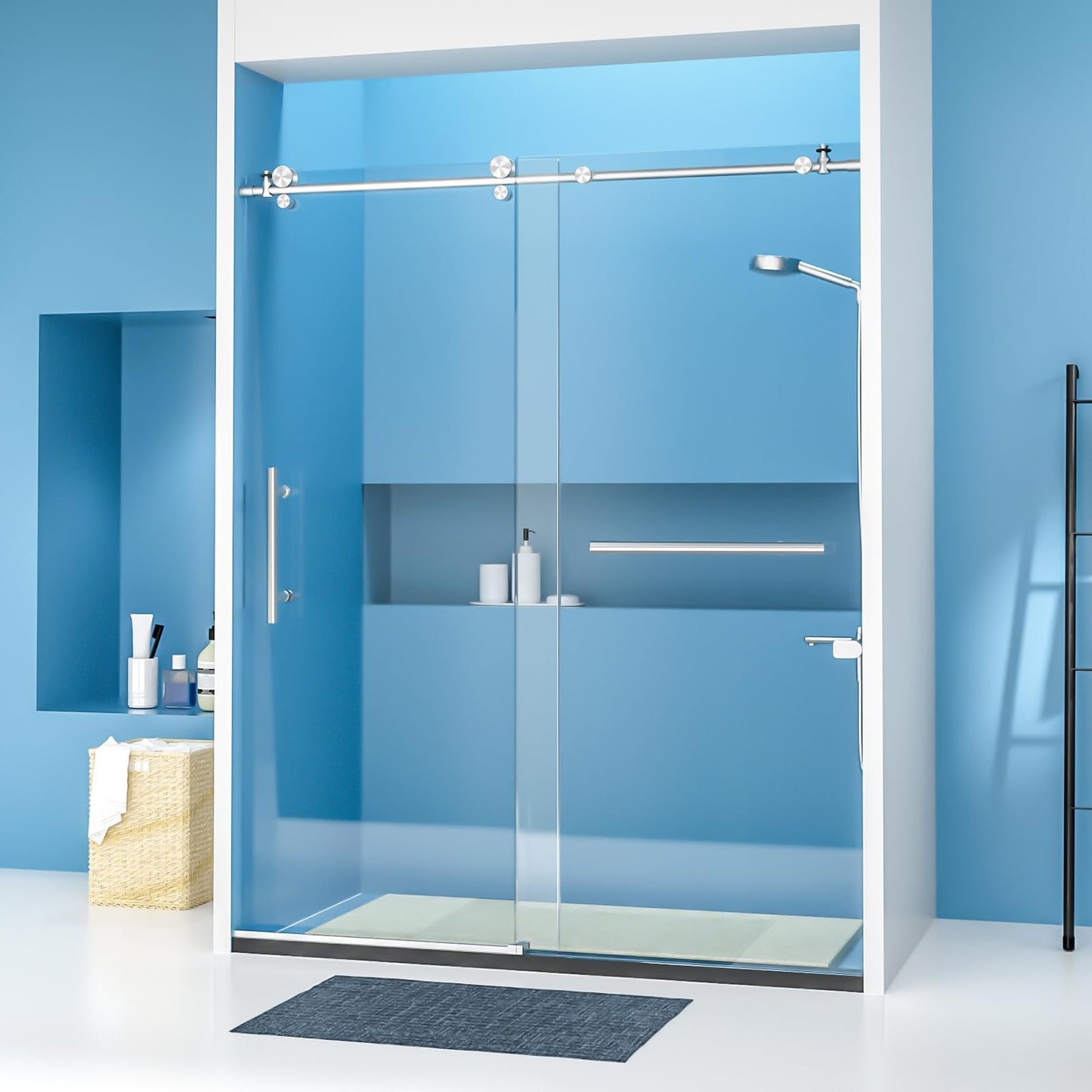 POTOUZHI Shower Door 60" W x 74" H Frameless Sliding Shower Door, Shower Glass Door with 1/4 Inch Clear Tempered Glass, Explosion-Proof Film, Stainless Steel Hardware, Brushed Nickel