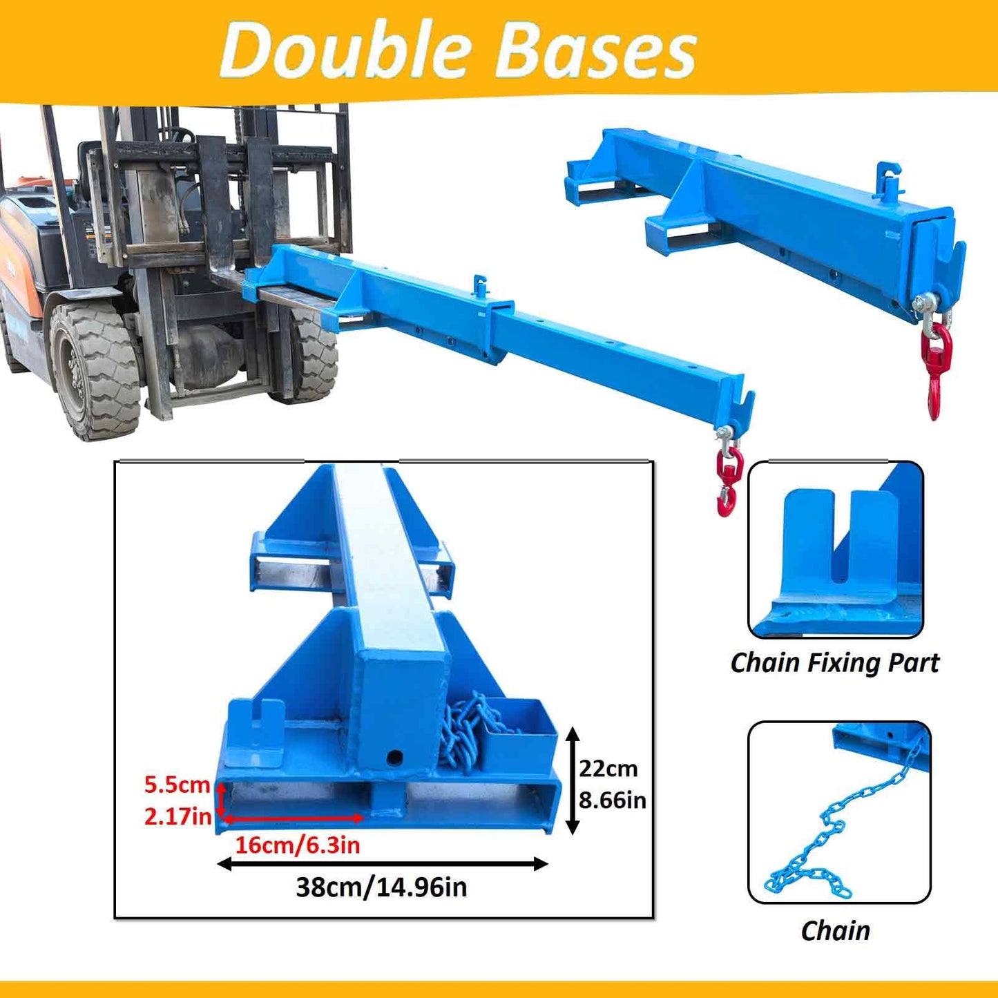 BEILOCKERY Adjustable Forklift Jib Boom Crane with Telescopic Arm, 2200 lbs Heavy Duty Mobile Crane, Includes Truss Hoist and Hook for Industrial Lifting and Towing, Max Reach 98.4 Inches