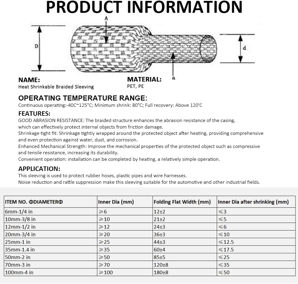 ROCKDIG 20 1/2 inch 2:1 FT Heat Shrinkable Braided Sleeving Heat Shrink Sleeve Abrasion Protection Flexibility Wiring