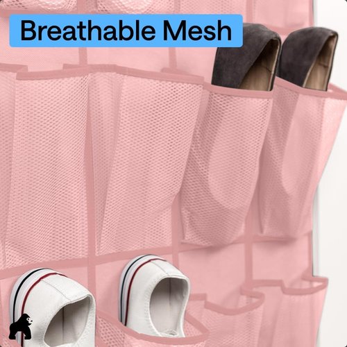 GORILLA GRIP Over The Door Shoe Organizer - 24 Large Breathable Mesh Pockets | Space-Saving Pink Storage Solution