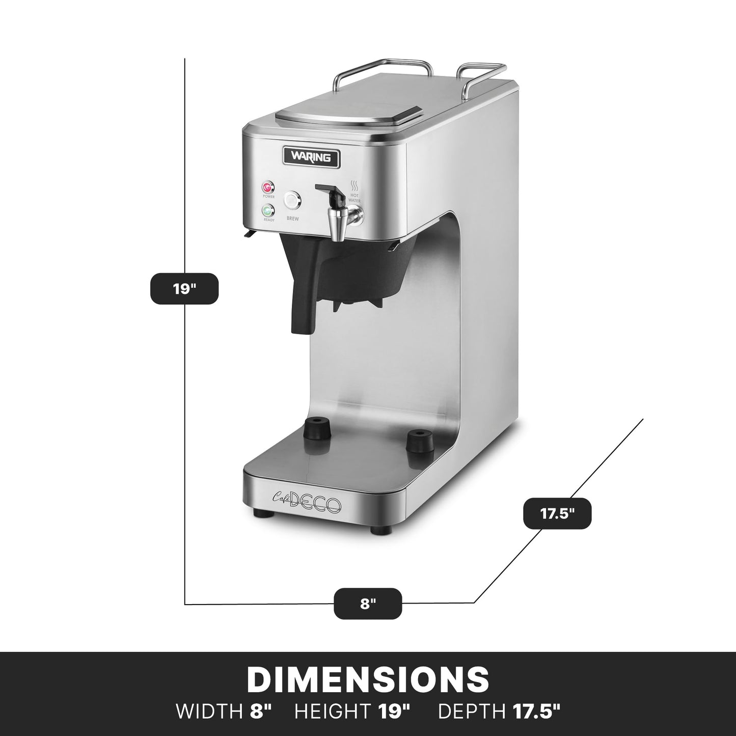 Waring Commercial Café Deco Thermal Coffee Brewer, 3.9 Gallons per Hour, Fits Large 64 oz Thermal Carafes, Stainless Steel, Front Mounted Faucet, NSF Certified, WCM60PT