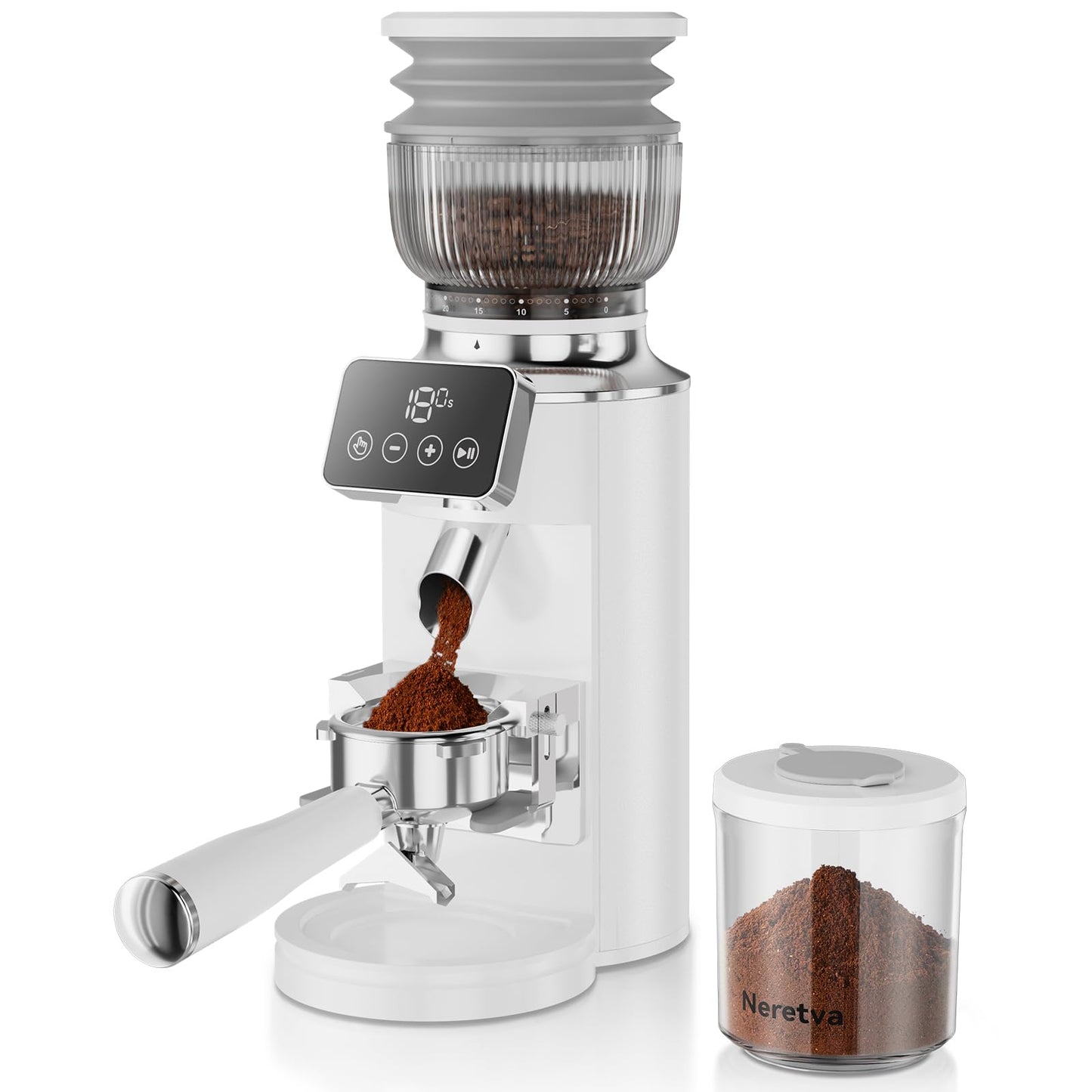 Neretva Espresso Grinder, 2 in 1 Professional Coffee Bean Grinder Stainless Steel Suit 51~58mm Portafilter Burr Coffee Grinder 30 Precise Setting&Anti-Static for Espresso/French Press/Drip/Moka-White