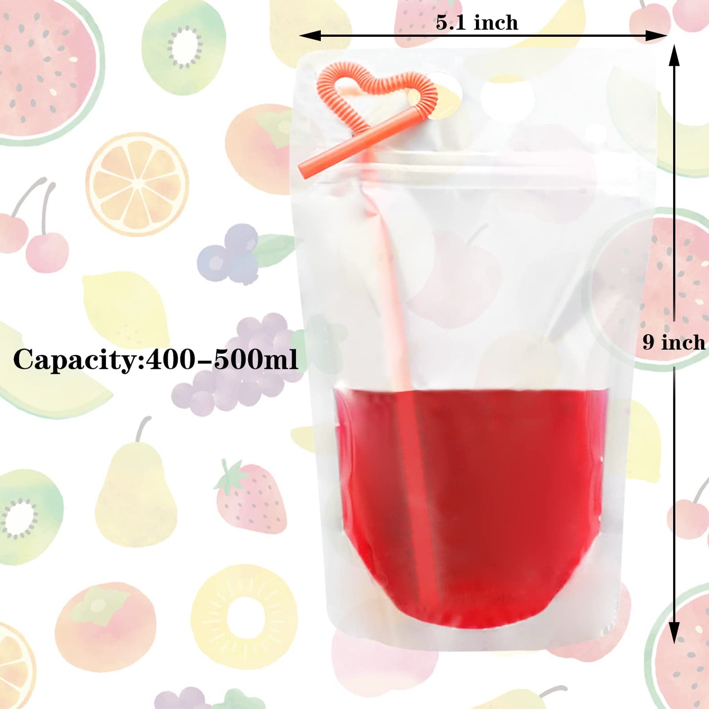 Ouddy 50 Pcs Drink Pouches, Juice Pouches for Adults, Reusable, Reclosable Zipper Smoothie Bags for Cold & Hot Drinks with 50 Straws & Silicone Funnel