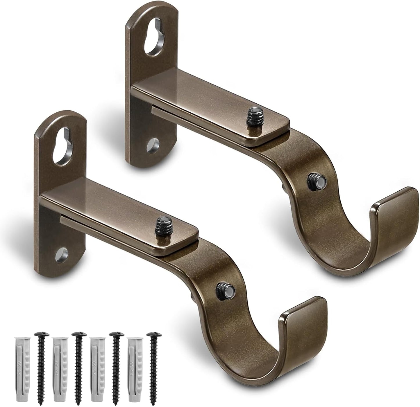 Skiennix Adjustable Curtain Rod Brackets - Durable Metal Drapery Rod Holders for 1-Inch Rods | Brown, Set of 2