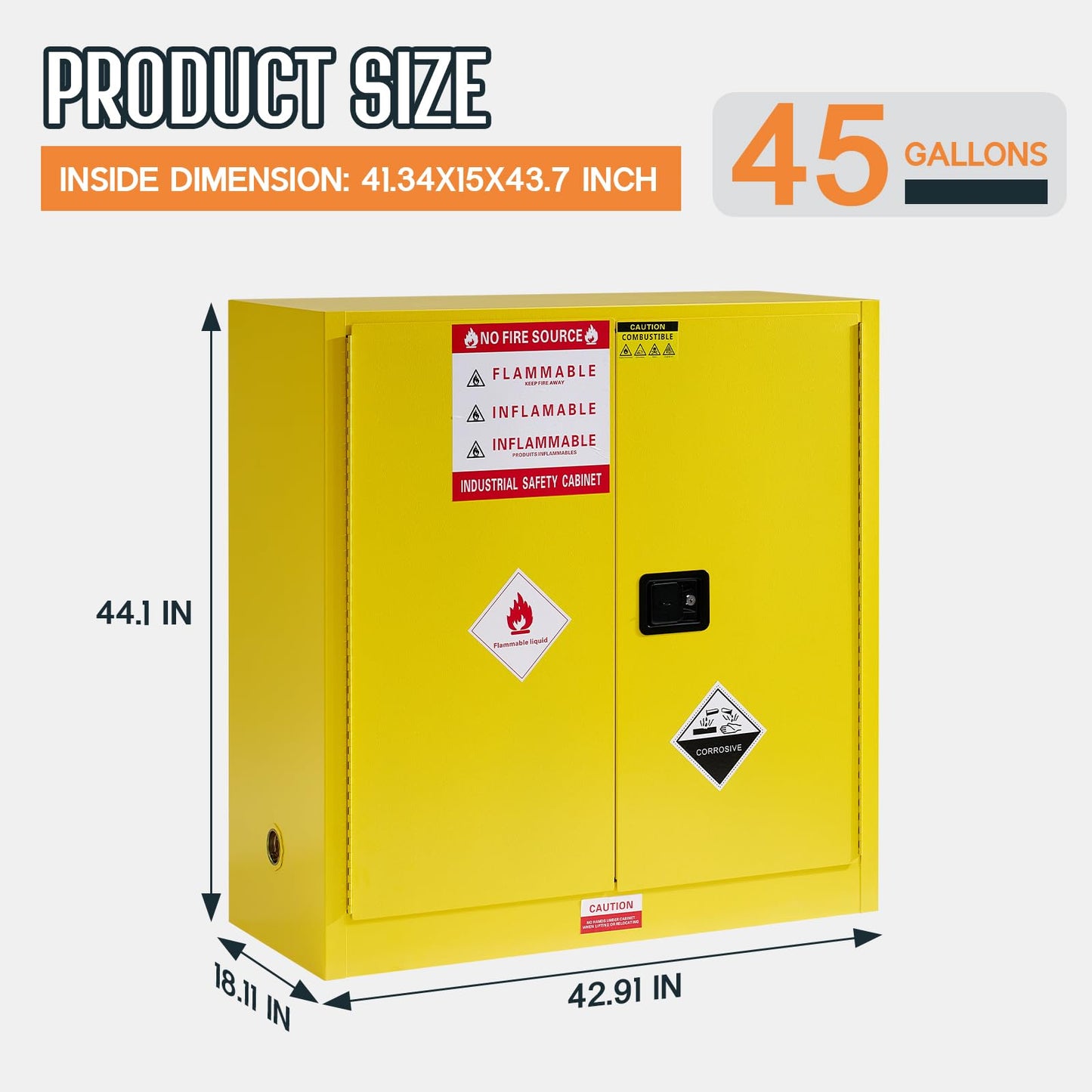 SPECRAFT 45 Gal Flammable Cabinet, 44x43x18 Inch, Cold-Rolled Steel, Adjustable Shelves, OSHA & CE Certified for Industrial, Commercial, Laboratory, and Institutional Use, Yellow