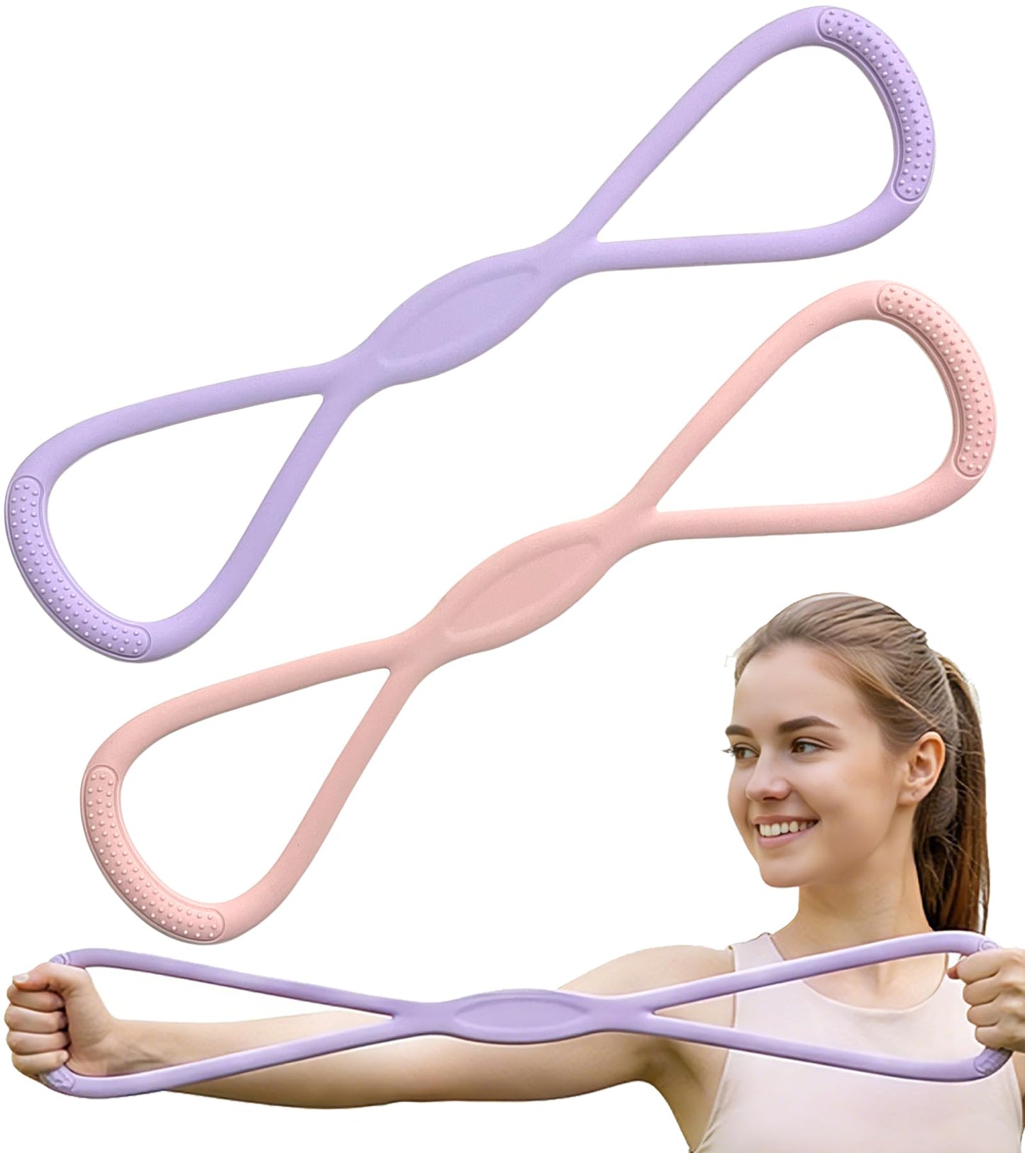 Resistance Bands with Handles, 2 Pcs Figure 8 Exercise Bands for Arm, Back and Shoulder Training, Elastic Fitness Bands for Strength Training, Stretching, Yoga and Home Workouts (‎Pink+Purple)