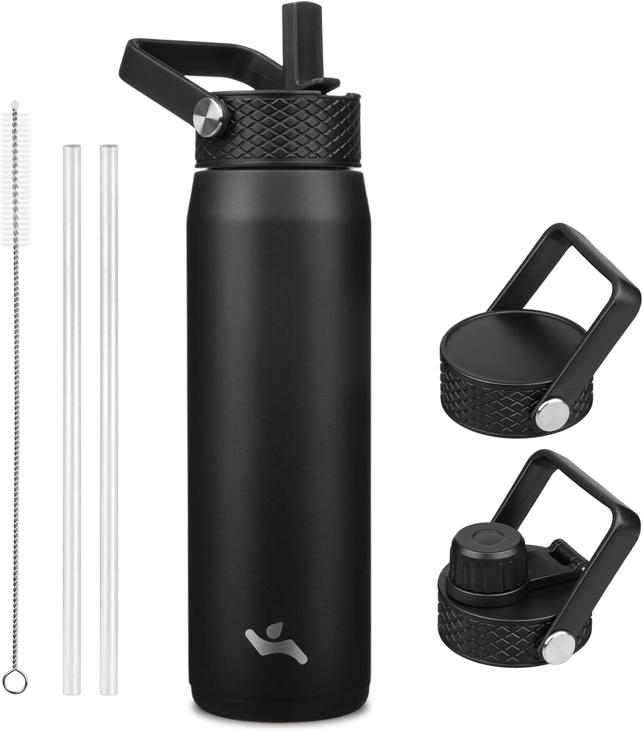 Skiennix 25oz Insulated Stainless Steel Water Bottle - Leakproof BPA-Free with 3 Lids for Gym & Travel | Black
