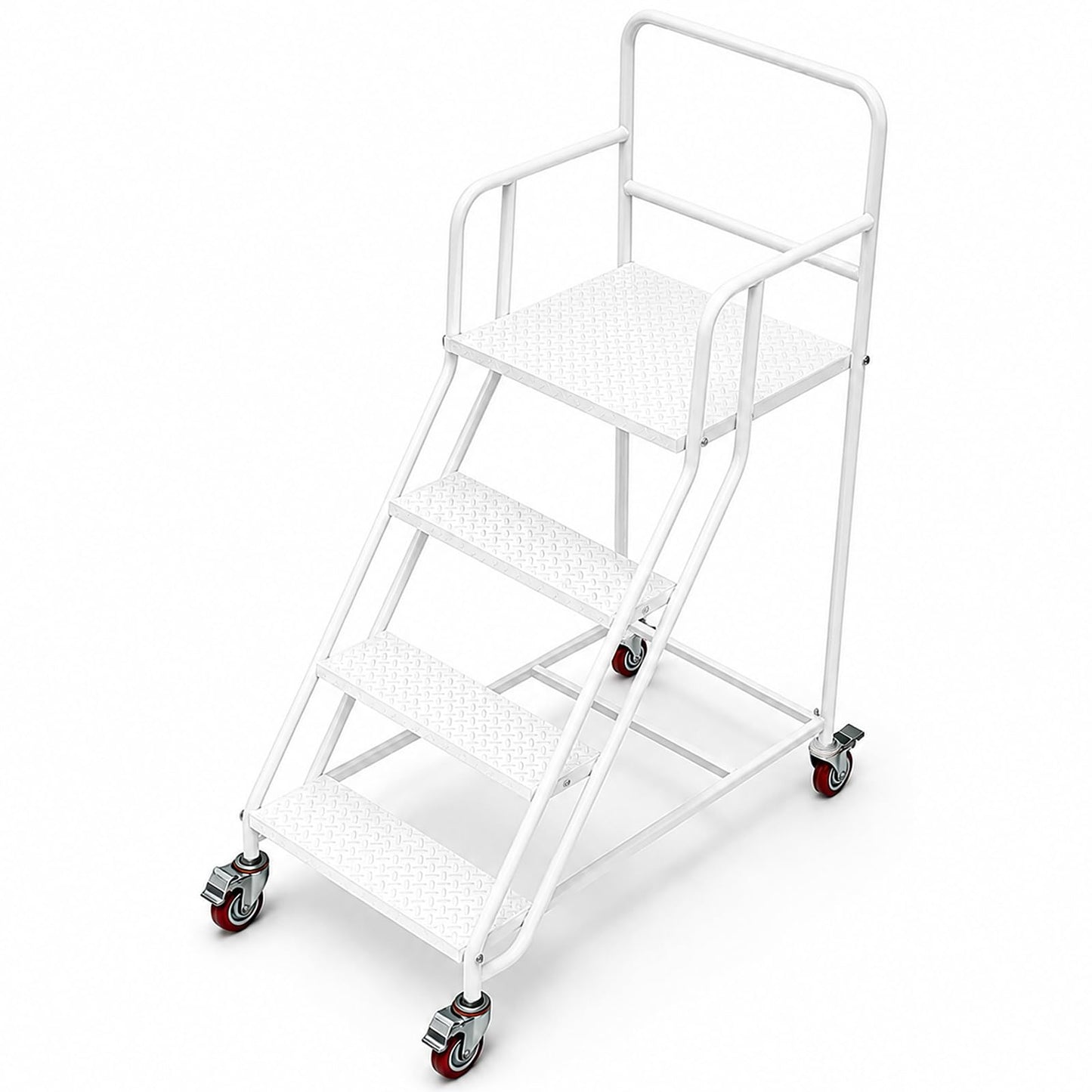 4 Step Rolling Ladder with Handrails, 880 lbs Capacity Heavy Duty Steel Mobile Warehouse Ladder with Locking Wheels, Non-Slip Rolling Stairs with Large Platform for Garage, Stockroom, Library