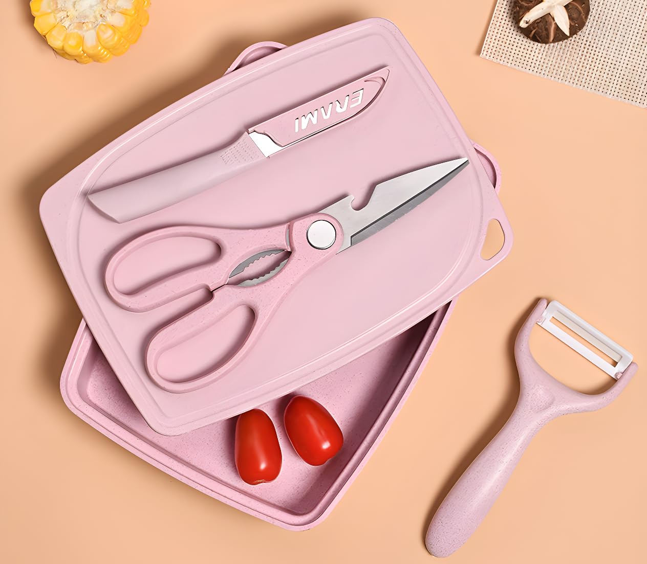 ZeQi 5-in-1 Cutting Board, Knife, Peeler, Scissors and Tray Set/Travel, Camping, Outdoor, Dorms, Small Cutting Boards, BPA Free, Dishwasher Safe, Kitchen Utensils, Gift