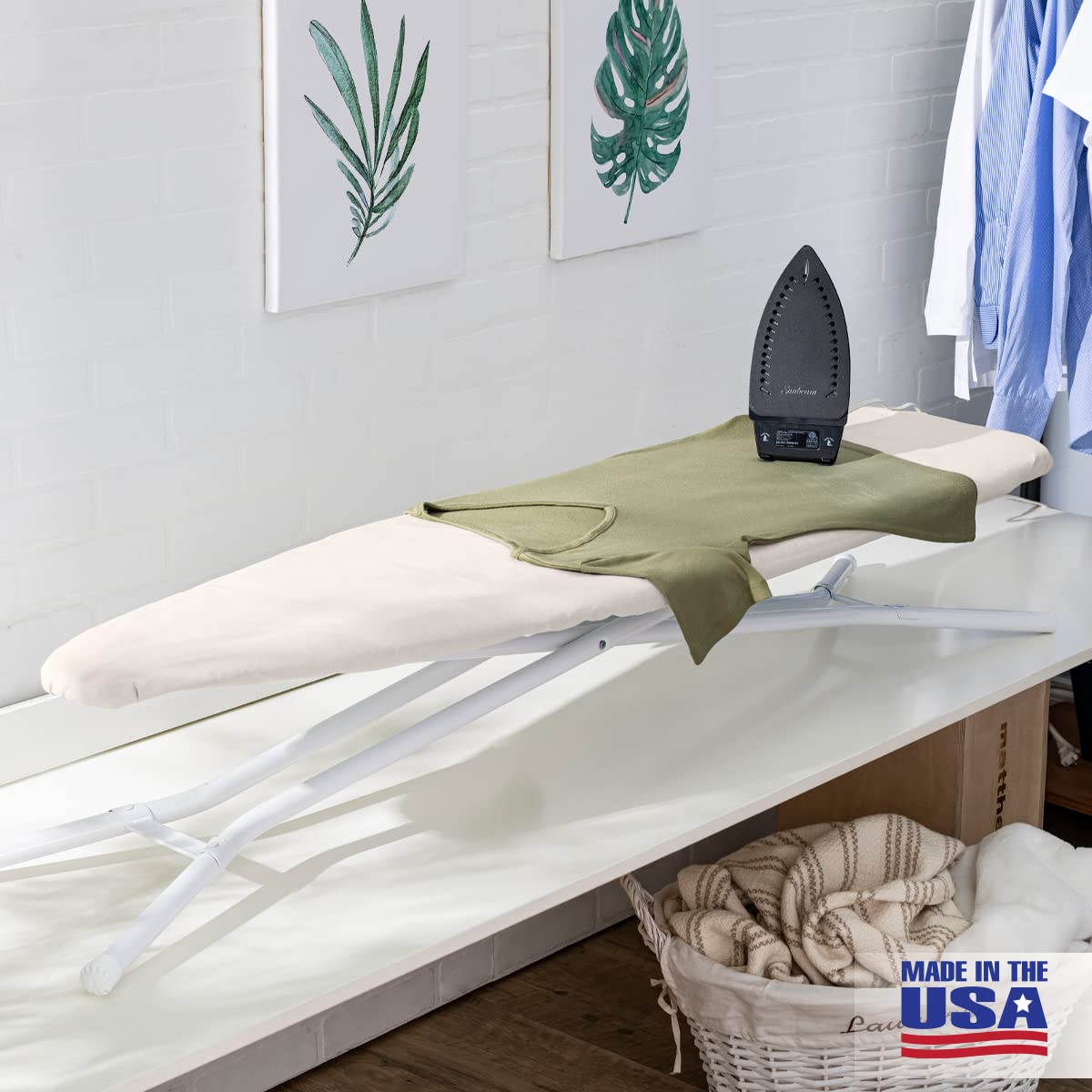 Full Size Ironing Board Made in USA – Beige by Seymour Home Products 4 Heavy-Duty Steel Legs Perforated Top for Steam Includes Cover & Pad Sturdy, Foldable Iron Board for Home & Laundry