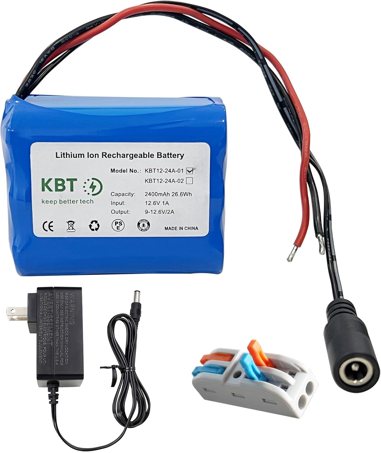 KBT KEEP BETTER TECH 12V 2400mAh Pack 12V KBT Rechargeable Li-ion Battery, Bare Leads Wire Replacement Battery