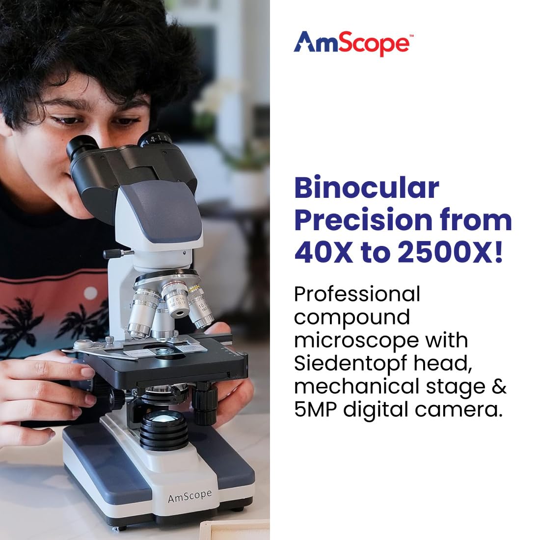AmScope B120 Series Student & Professional LED Binocular Compound Microscope - 40X-2500X Magnification - Includes 5MP USB Camera & Siedentopf Head