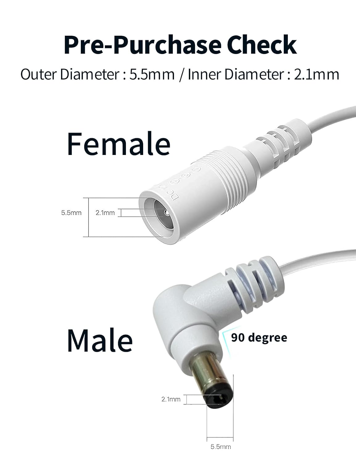Tonton 2M 6.6FT 5.5mm 2.1mm 90 DC Power Extension Cable x Degree Right Angle Female to DC Male Power Adapter Cord
