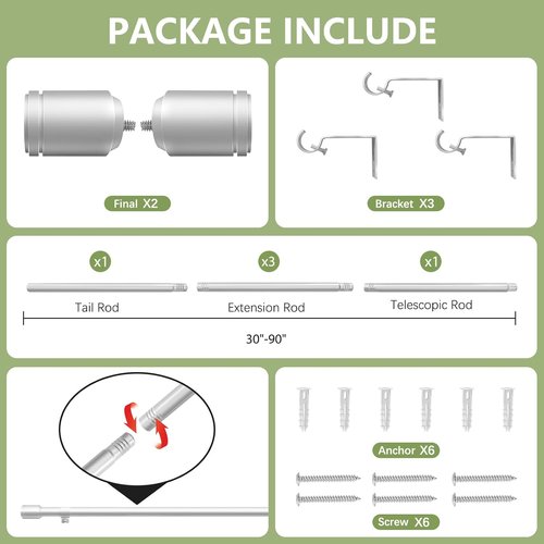 Adjustable Silver Curtain Rods by [Brand Name] - 5/8” Diameter, 30-90 Inch for 30-84 Inch Windows