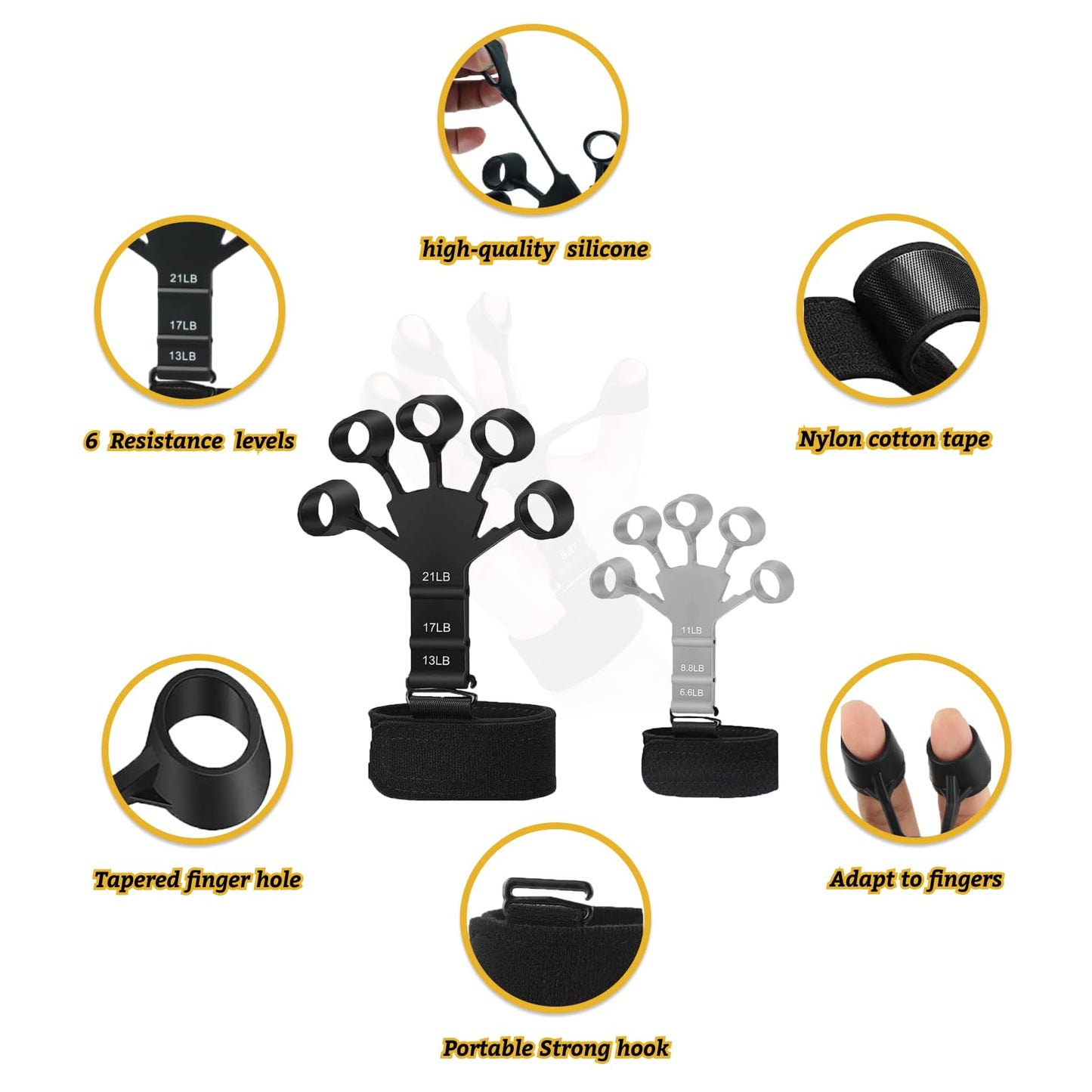 Kairsya Finger Stretcher & Hand Strengthener - 2Pcs Adjustable Finger Resistance Bands for Guitarists, Climbers, Typists, Gamers, Forearm & Hand Strength Training Wrist Exerciser (Black+Grey)