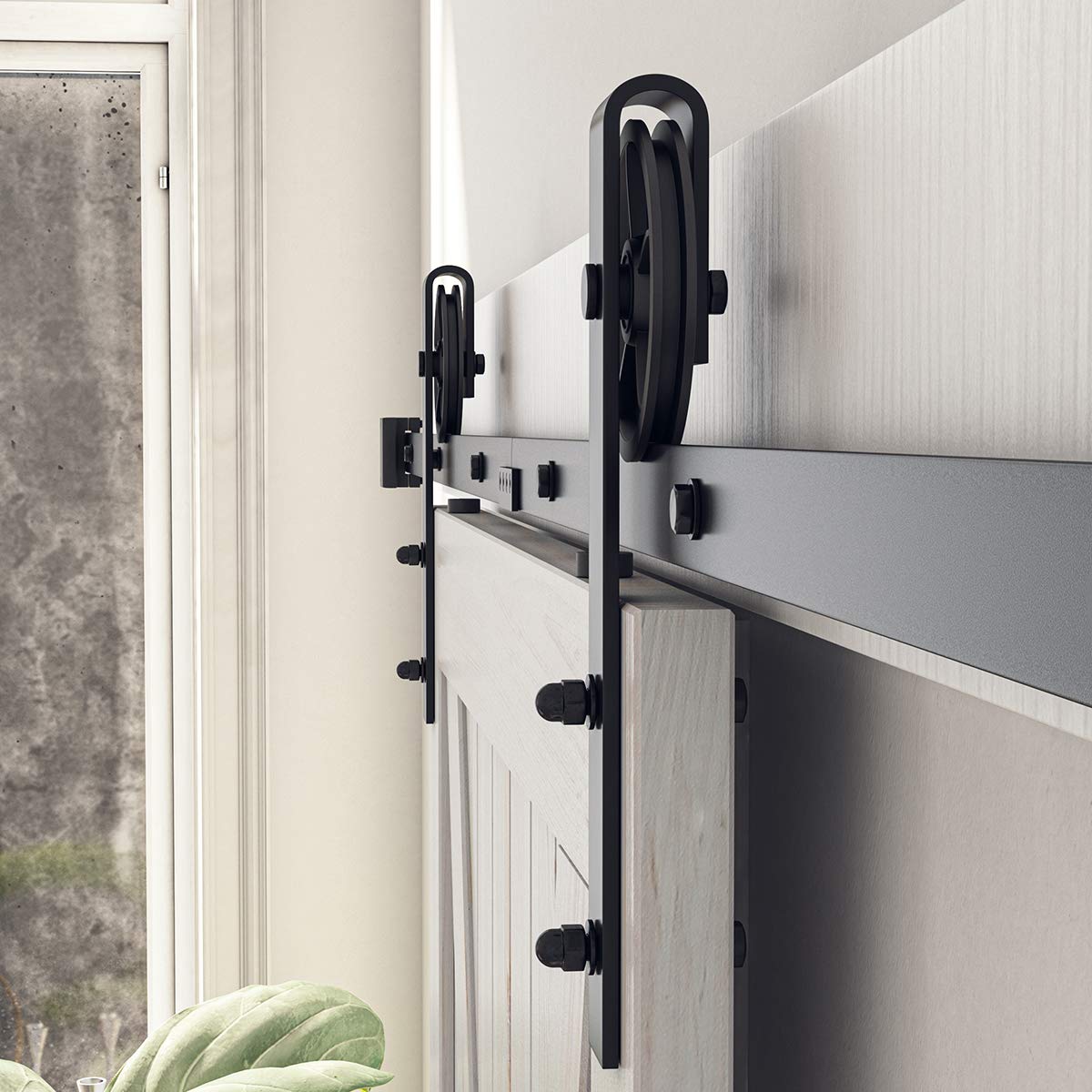 SMARTSTANDARD 8 FT Heavy Duty Sliding Barn Door Hardware Kit, 4FT - 18FT, Black, Smoothly and Quietly, Simple and Easy to Install, Fit 42"- 48" Wide Door Panel (Industrial Bigwheel Hangers)