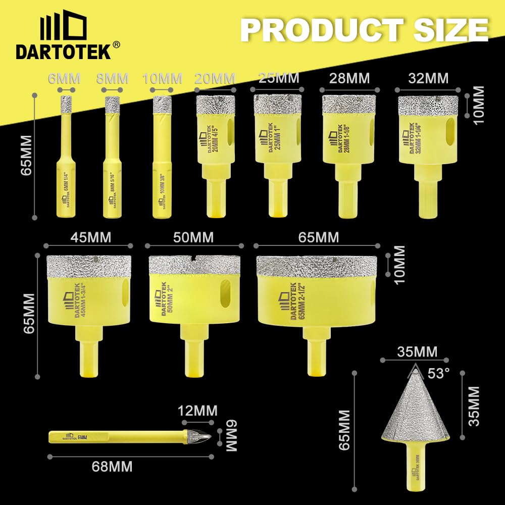 Diamond Core Drill Bits Set 12PCS - DARTOTEK Tile Hole Saw Kit (6/8/10/20/25/28/32/45/50/65mm/1-3/8/6mm for Porcelain, Ceramic Tile, Granite, Marble, Masonry