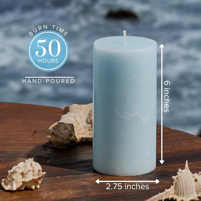 Simply Soson 3x6 inch Light Blue Rustic Sea Salt and Driftwood Pillar Scented Candle - 3 Pack - for Home Decor, Aromatherapy, Weddings, Restaurants, Spa,
