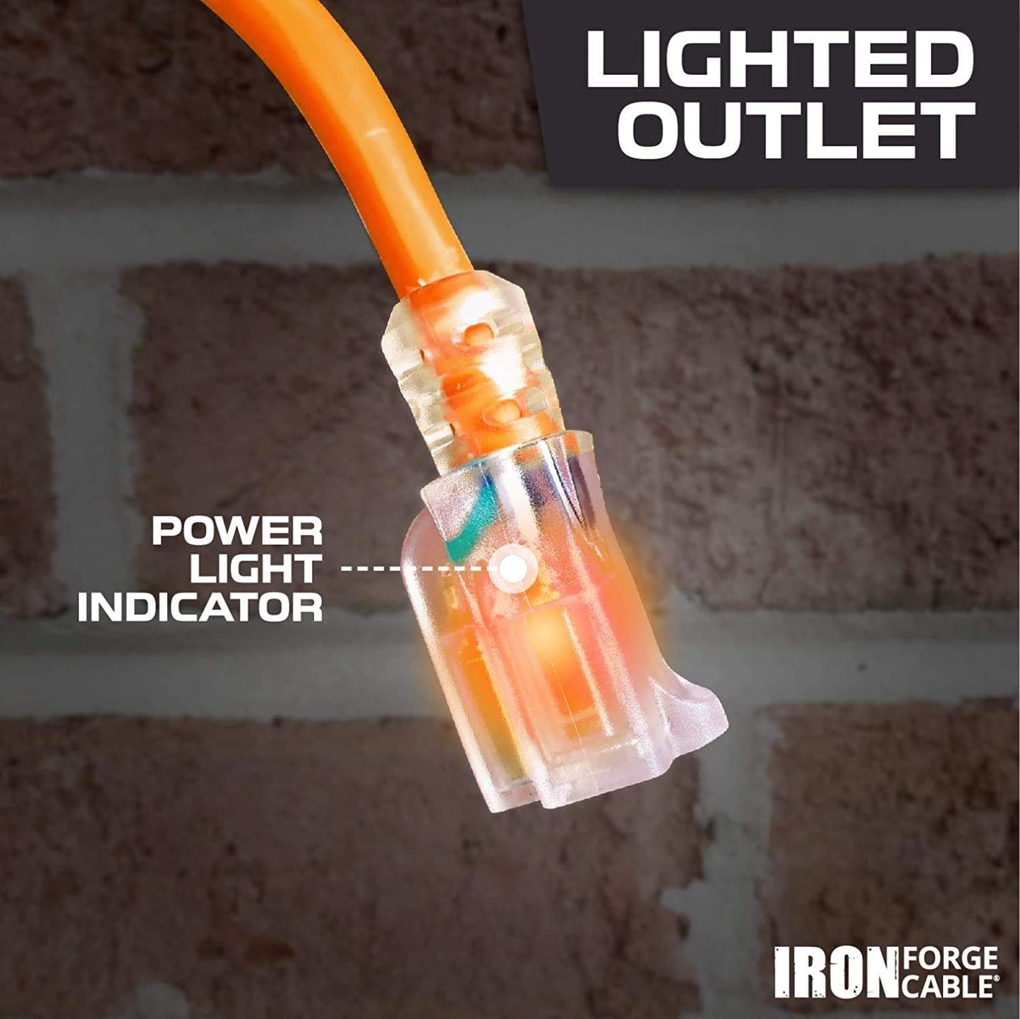 Iron Forge Cable Lighted Outdoor Extension Cord 100 Ft - 10 Gauge Heavy Duty Extension Cord, 15 AMP, 10/3 Orange Power Cable SJTW Weatherproof 3 Prong