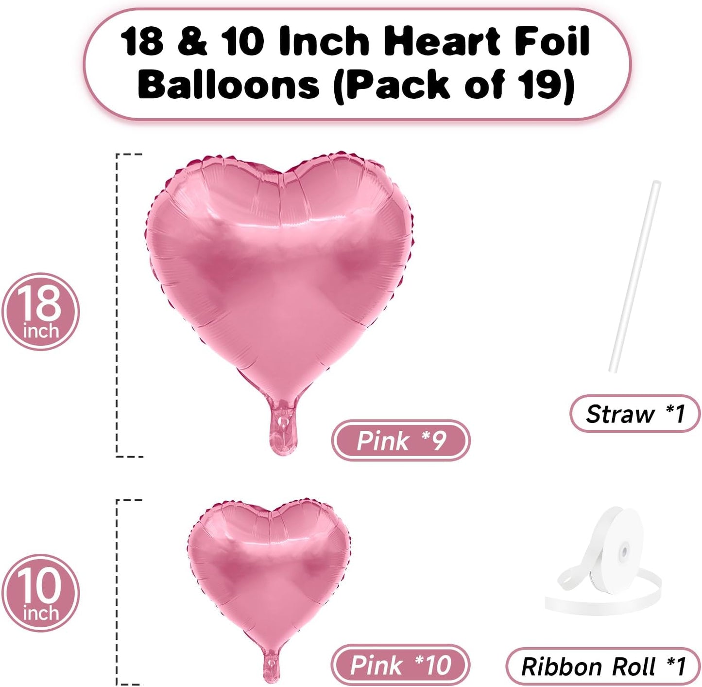 Skiennix Pink Heart Balloons - 19PCS 18-Inch & 10-Inch Mylar Foil Balloons for Weddings & Birthdays