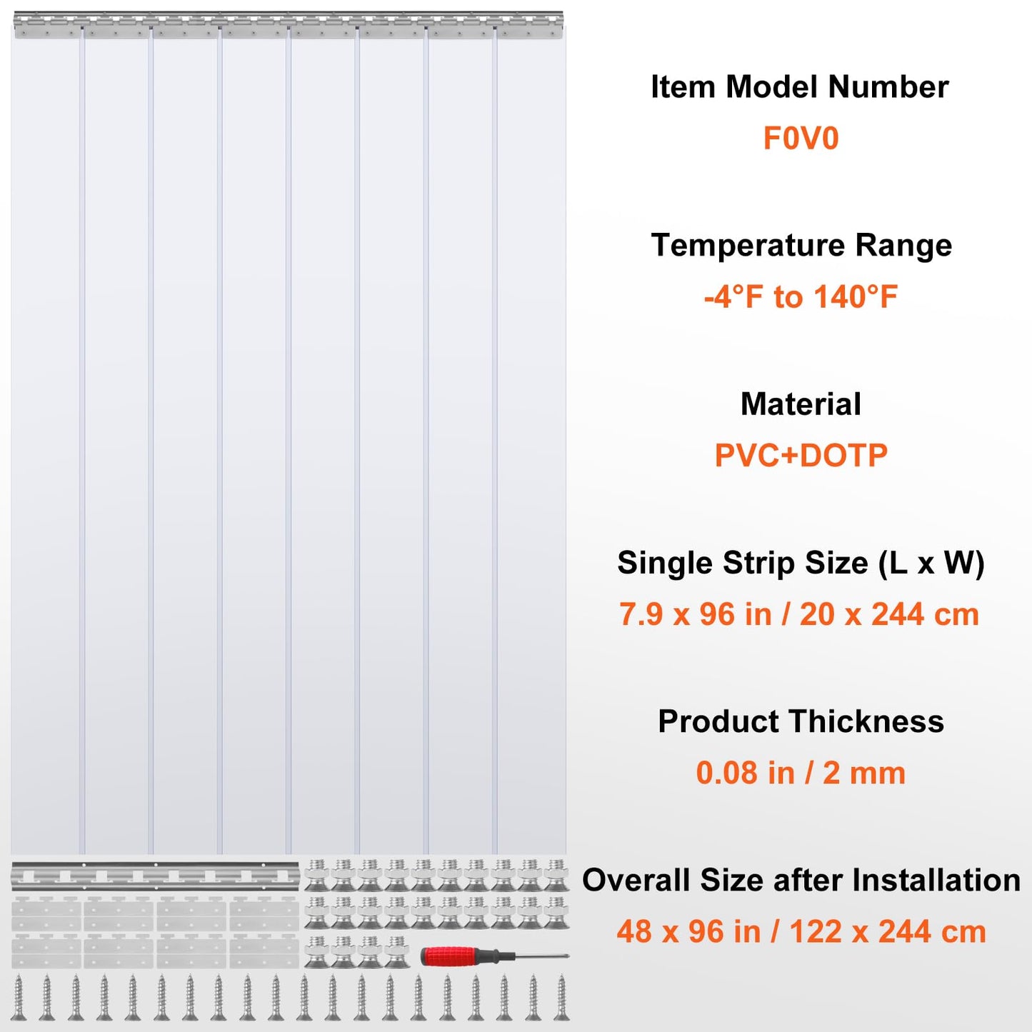 VEVOR Plastic Curtain, 4ft Width x 8ft Height Plastic Strip Curtain, Clear PVC Freezer Curtain, 0.08in Thickness Plastic Door Strip w/Over 50% Overlap for Walk-in Freezers, Warehouse and Clean Rooms