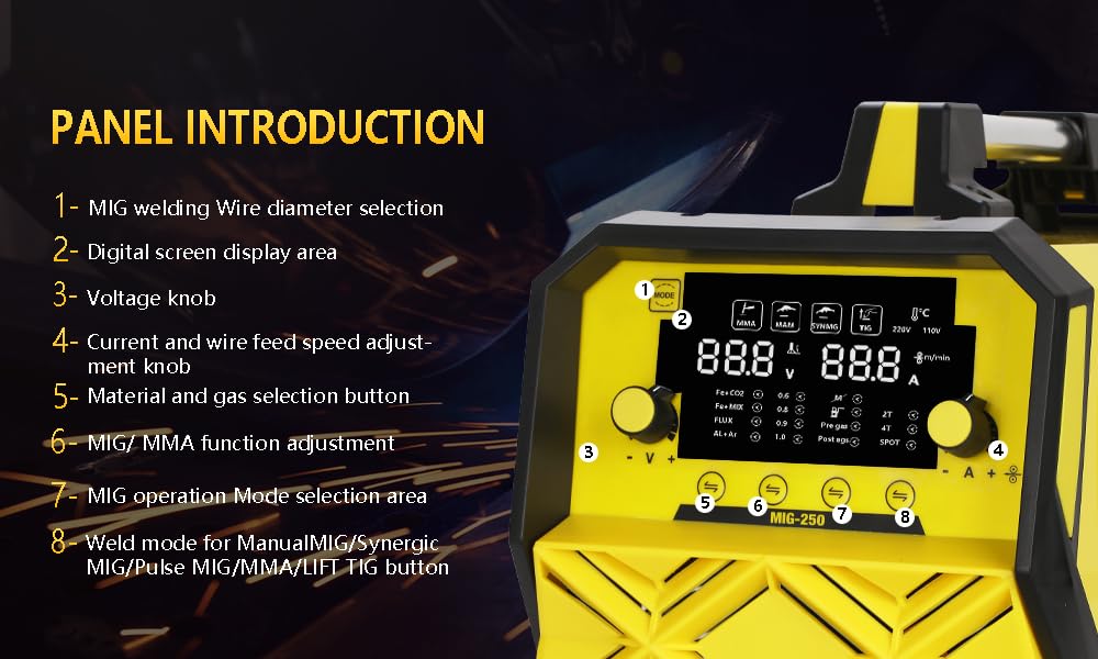 MYCASS 250A MIG Welder,5 in 1 Gas MIG/Gasless Flux Core/Stick/Lift TIG/Spot Welding/Spool Gun Compatible Aluminum Welding Machine Large LED Display 110V/220V Multi Process Welder