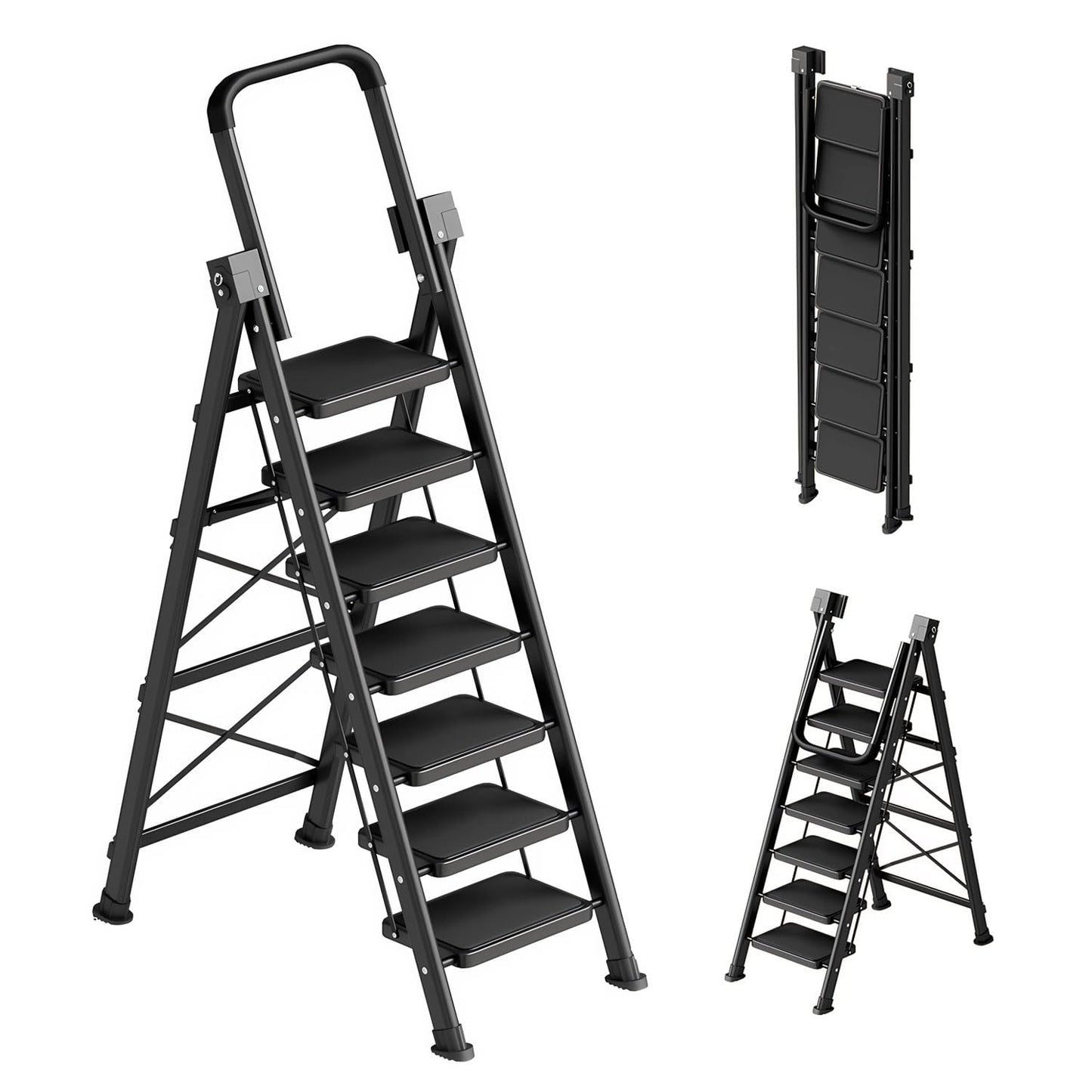 7 Step Ladder, Retractable Handgrip Folding Step Stool with Anti-Slip Wide Pedal, Carbon Steel Step Stool Ladders for Adult,Safety Household Ladder for Kitchen,Home,Office&Garage