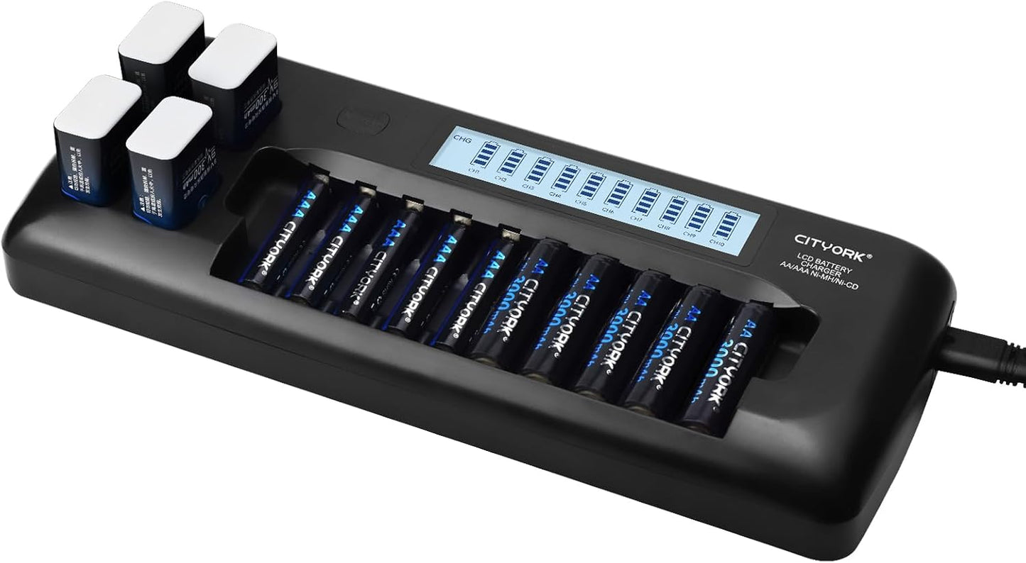 CITYORK 10+4 10 1.2V 4 9V Bay AA AAA Battery Charger with LCD Display, Bay for AA AAA NiMH NiCd Batteries, Bay