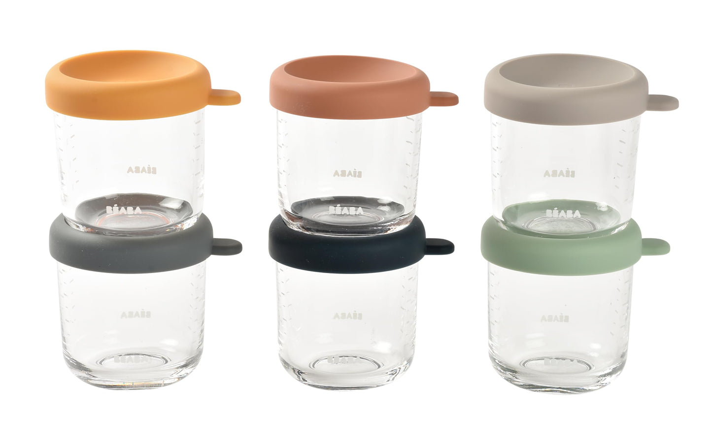 BEABA 6 Pack Glass Baby Food Jars with Soft Silicone Air Tight Lids, 8 oz Glass Storage Containers with Lids, Microwave and Freezer Safe Containers, Sunrise