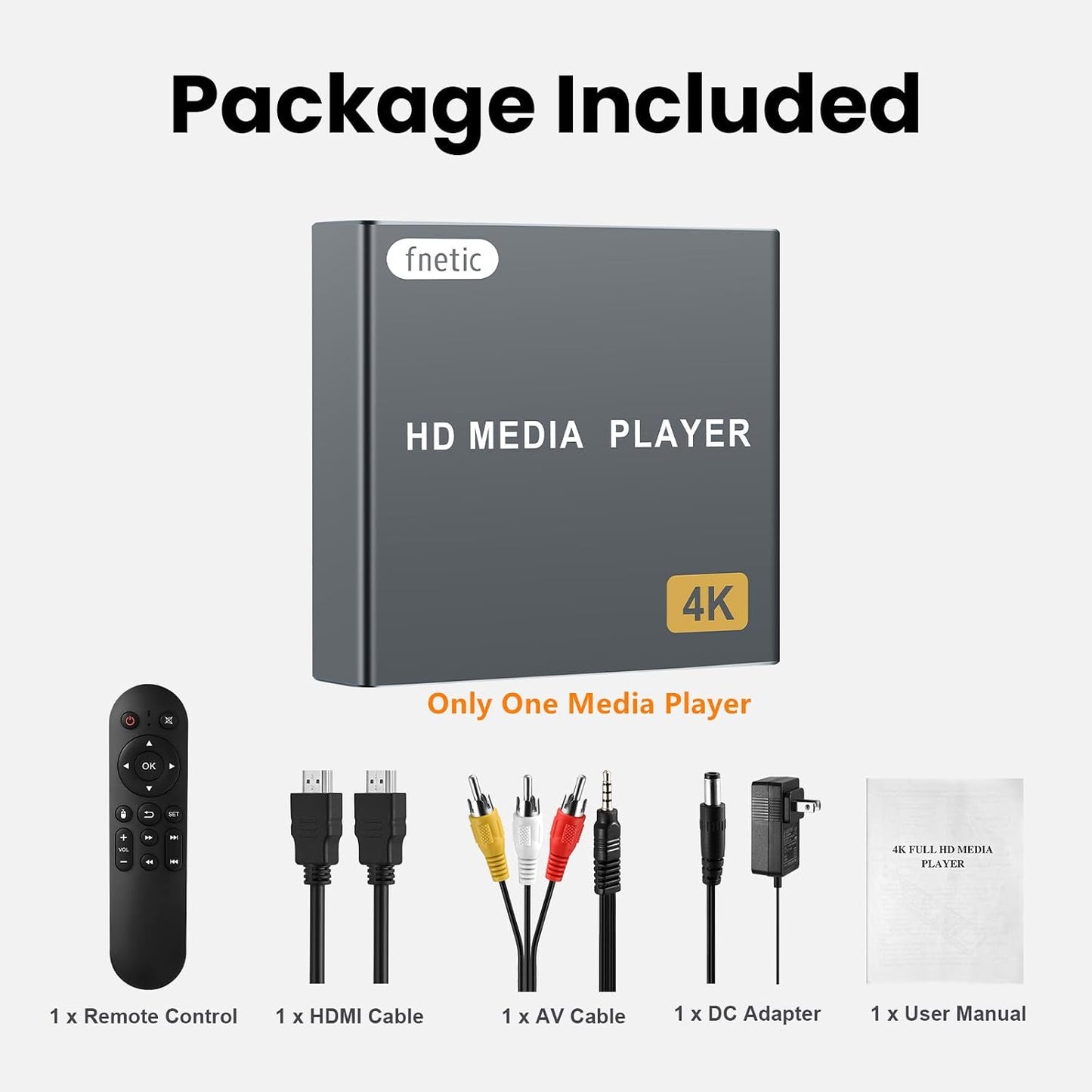 fnetic 4K MP4 H.265/HEVC, Digital Media Player, TV Video Player with HDMI/AV Output, Digital Signage Mini HD Media