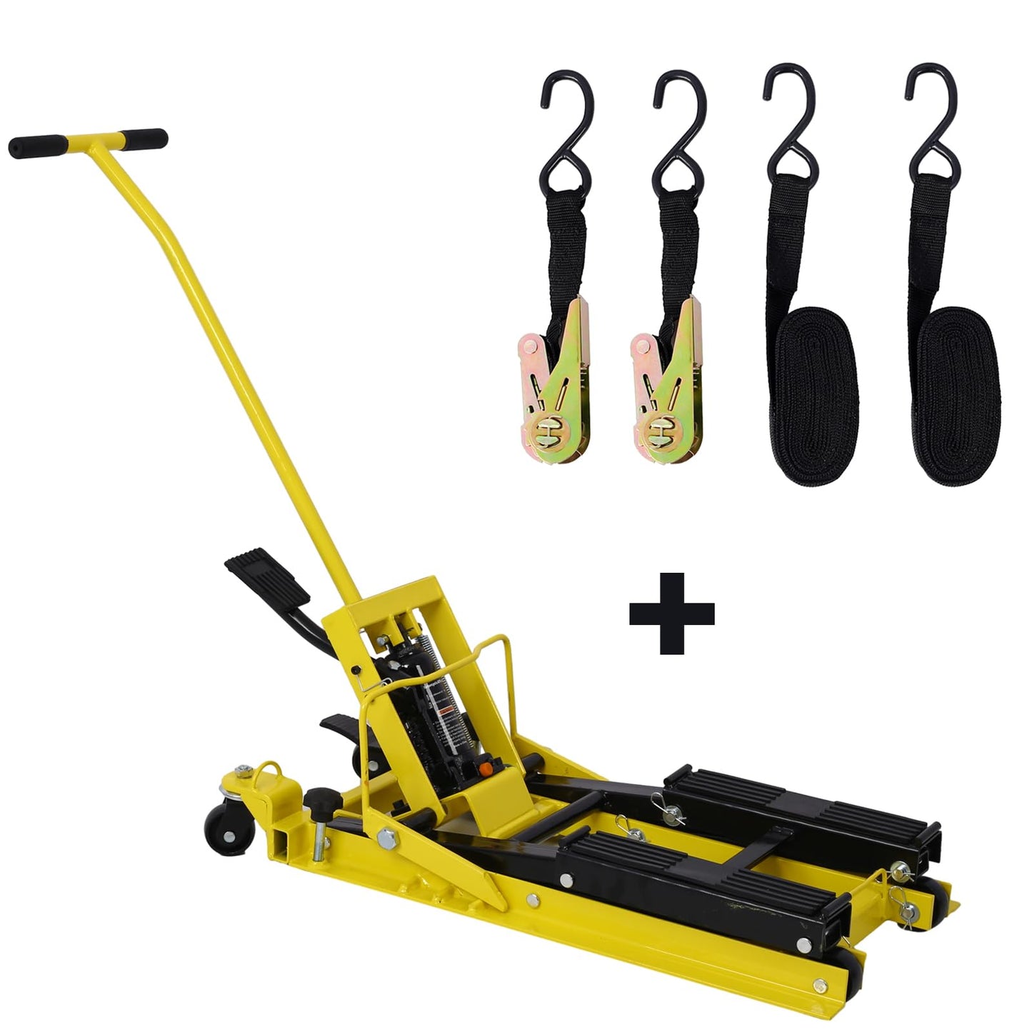 SPOFLYINN Hydraulic Motorcycle Lift Jack Foot-Operated Motorcycle Lift Table with 4 Wheels 1500 LBS Capacity 4.5" - 15" Lifting Range Yellow