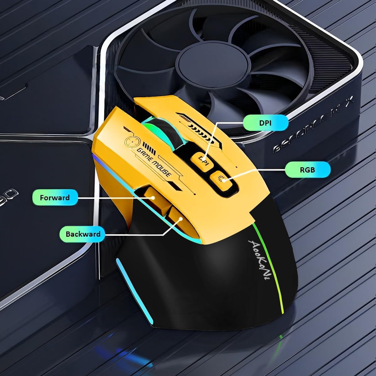 mobiproduct 5 7200, Wireless MouseErgonomic Mouse with Adjustable DPI up to RGB Breathing Lights, Compatible