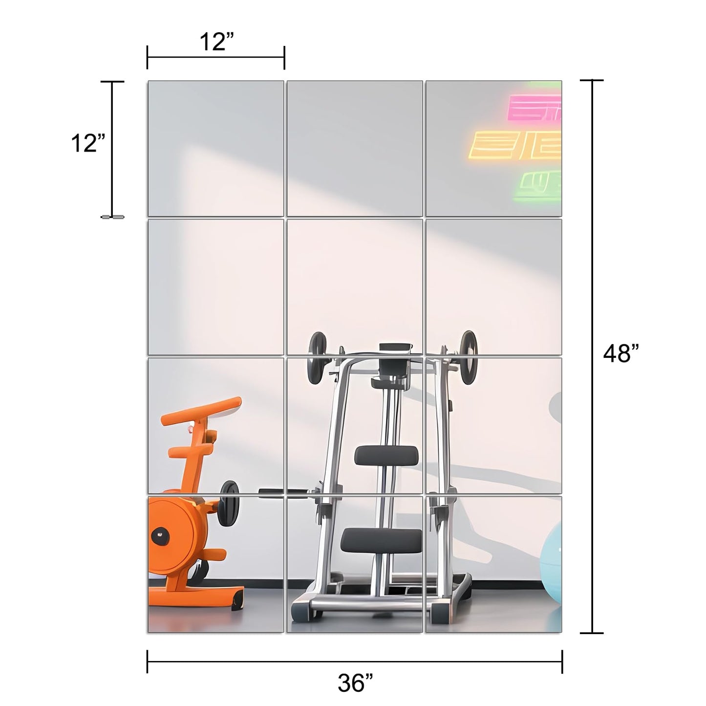 Ruomeng Home Gym Mirrors 12 Inch x 12Pcs Wall Mounted Mirror Glass Frameless Full Length Mirror Tiles for Home Gym, Bedroom, Door & Bathroom