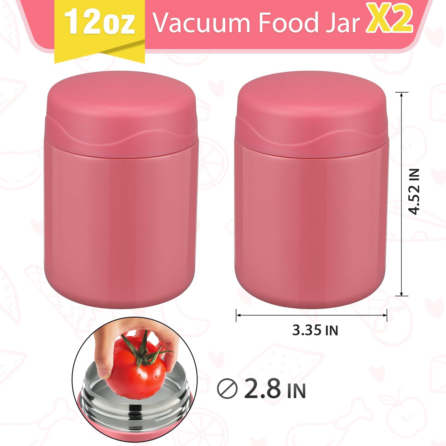 wiwens 12oz 2 Pack Insulated Food Jar Set for Kids Soup Thermo Hot Food Lunch Container Wide Mouth Leak Proof Stainless Steel Vacuum Bento Box for School Office Travel Outdoors