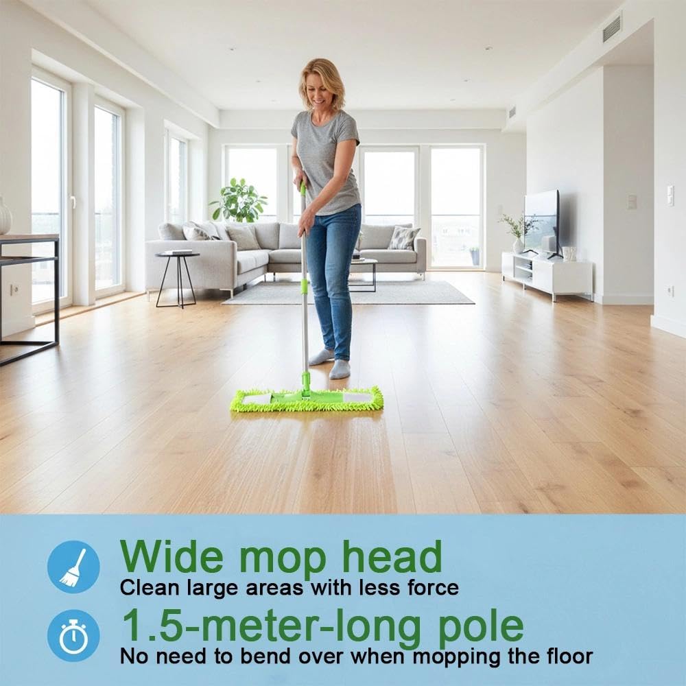 Dust Mop for Floor Cleaning with 2 Washable Chenille Pads and Extendable 58” Long Handle, Dry Wet Flat Mop with Scouring Pad for Hardwood, Laminate, Tile, Marble (Green)