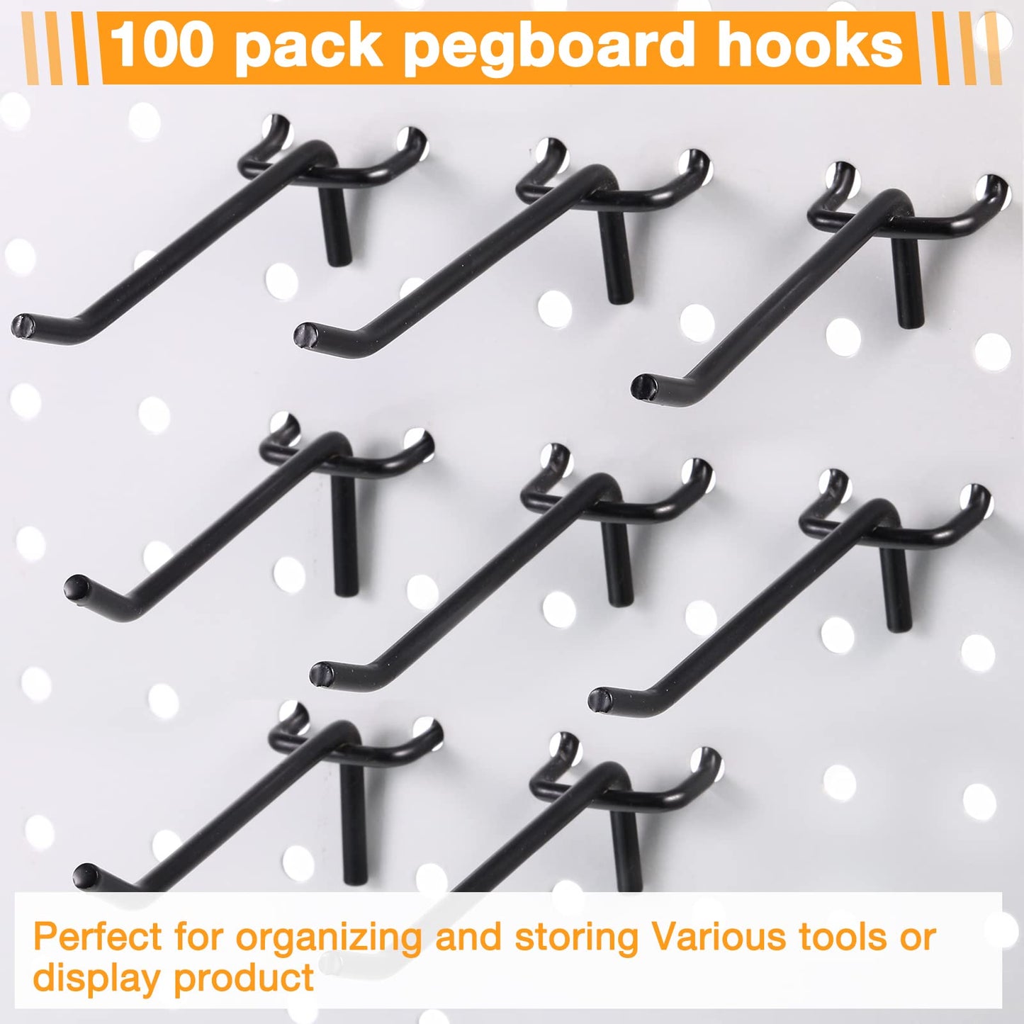 Shimeyao 100 Pcs Peg Board Shelving Hooks Stainless Steel Hanging Board Pegs Wall Display Hooks Bulk for 1/8 1/4 Garage Storage Organizer Accessories (4 Inch,Black)