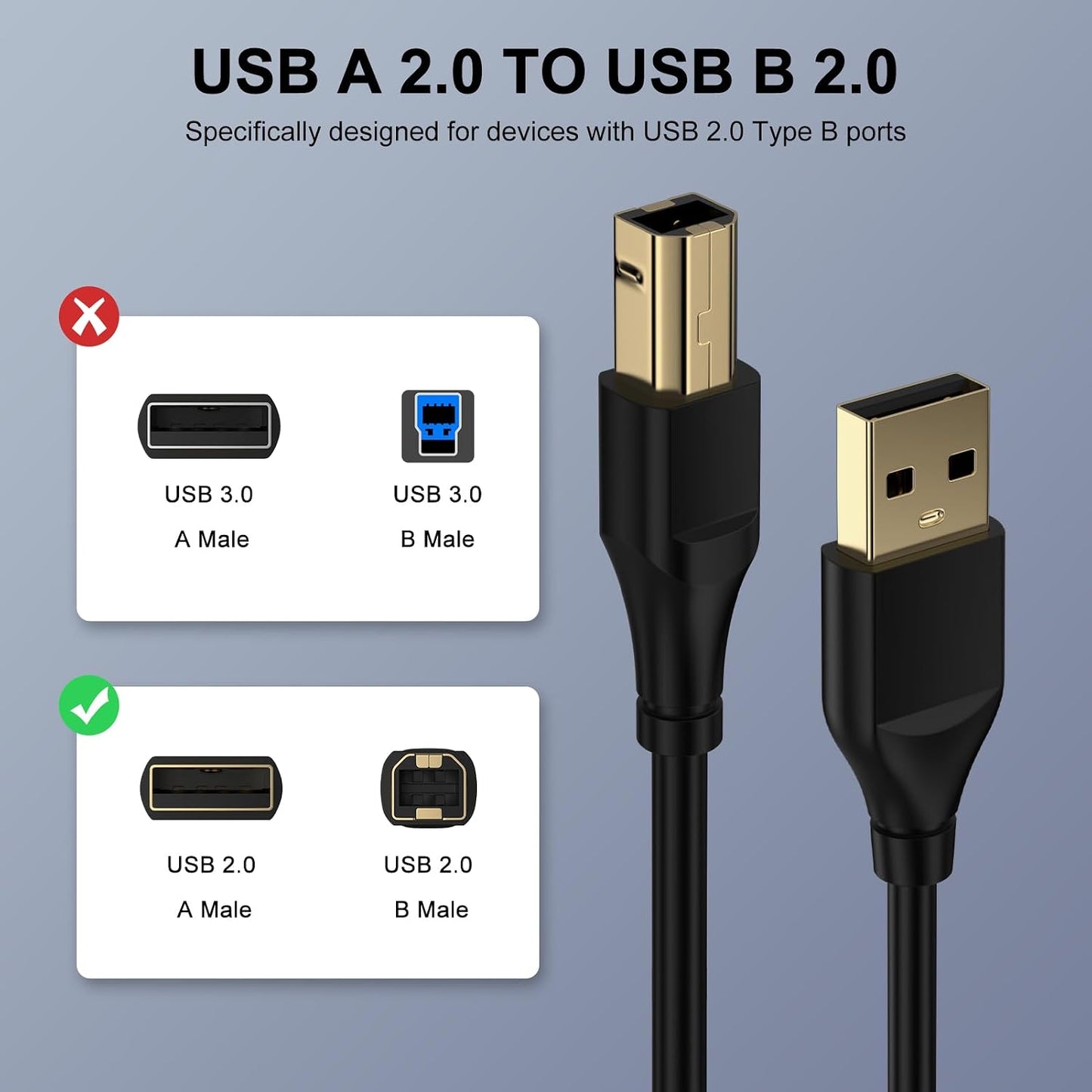 REPIND 2.0 6 USB Printer Cable USB A to USB B Cable Feet MIDI Cable Printer Cord to Computer High Speed for HP, Canon