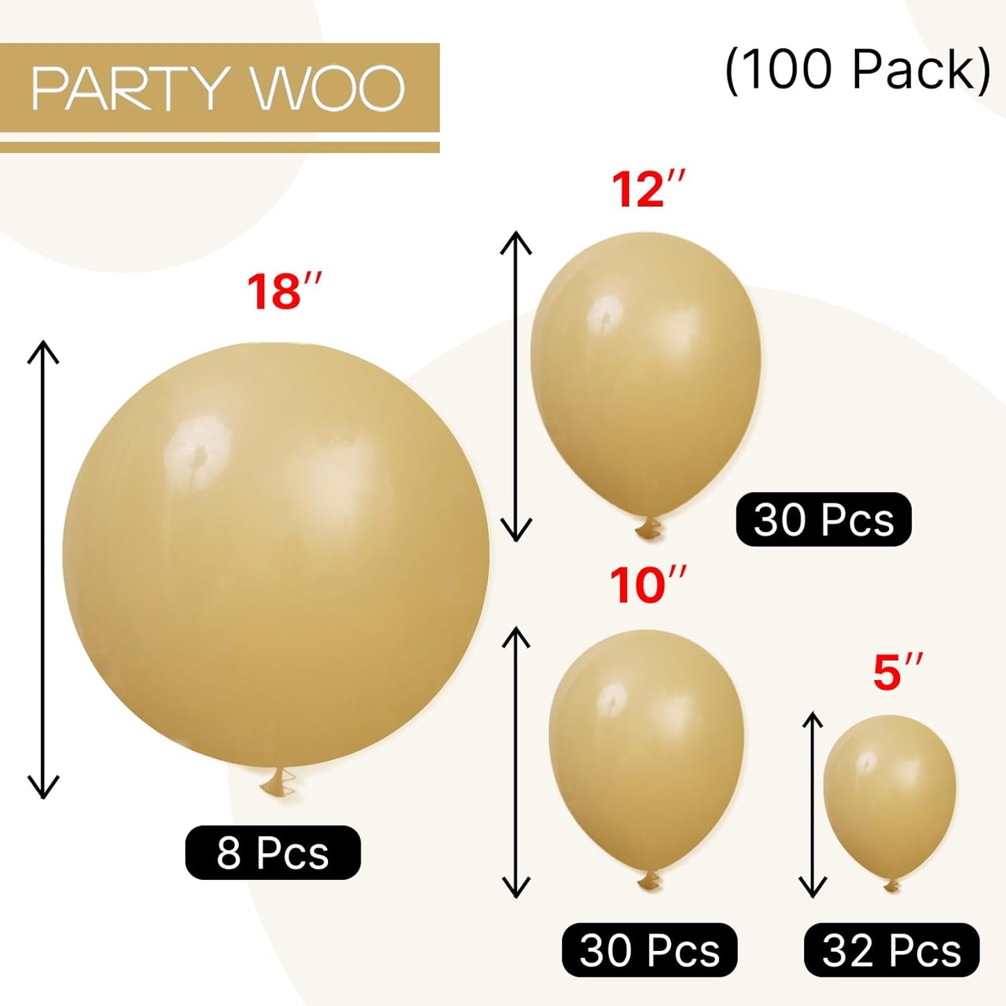 PartyWoo Tan Balloons - 100 Pcs Light Brown Neutral Boho Balloon Arch Kit | 18", 12", 10", 5" Sizes for Weddings, Baby Showers, and Birthdays