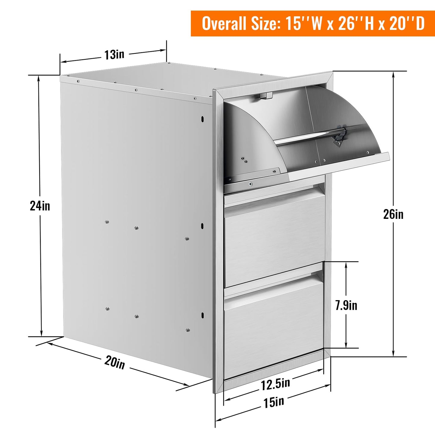 RAILEN Outdoor Kitchen Drawers Stainless Steel Flush Mount BBQ Drawers for Outdoor Kitchen Island or Patio Grill Station (15Wx26Hx22D Inch)