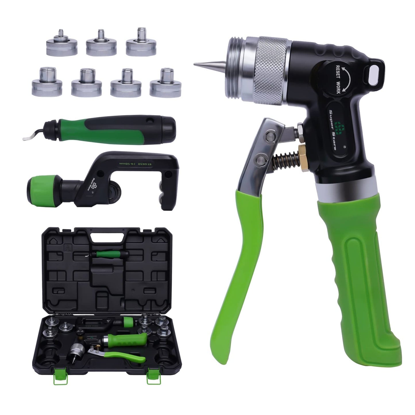 Hydraulic Swaging Tool Kit HVAC for Copper Tubing Expanding 3/8 Inch to 1-1/8 Inch, Hydraulic Tube Expander Tool Swaging Kit with Tube Cutter, Deburring Tool and 7 Expander Heads