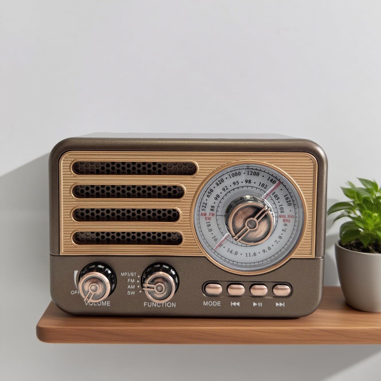YIONGTAF MP3 Retro AM/FM Portable Radio with Player, Rechargeable Battery, LED Light, Wood Grain Design