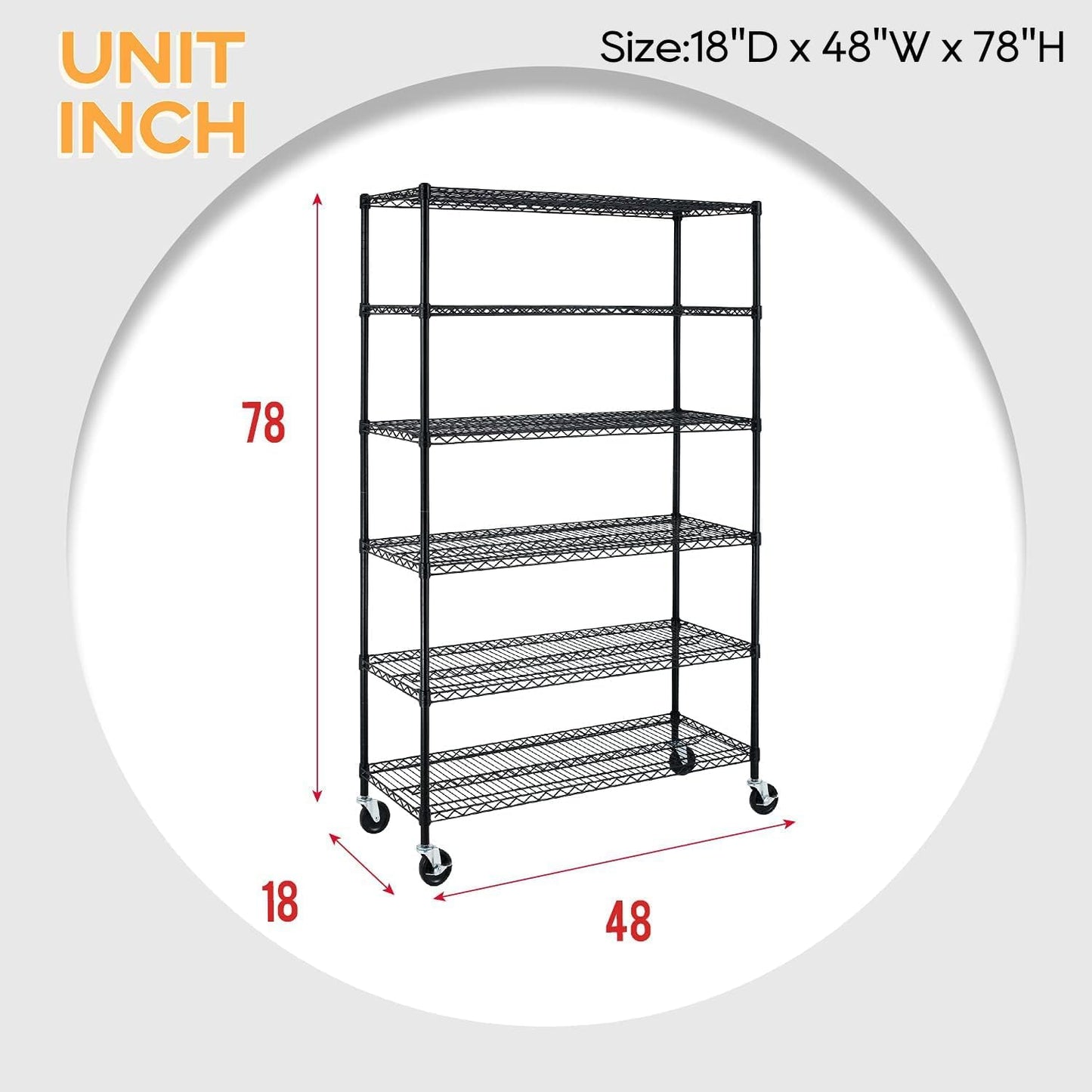 BestOffice 6-Tier Wire Storage Shelves with Wheels - Heavy-Duty Metal Racks | Adjustable | 18x48x78 | Black | No-Tool Assembly