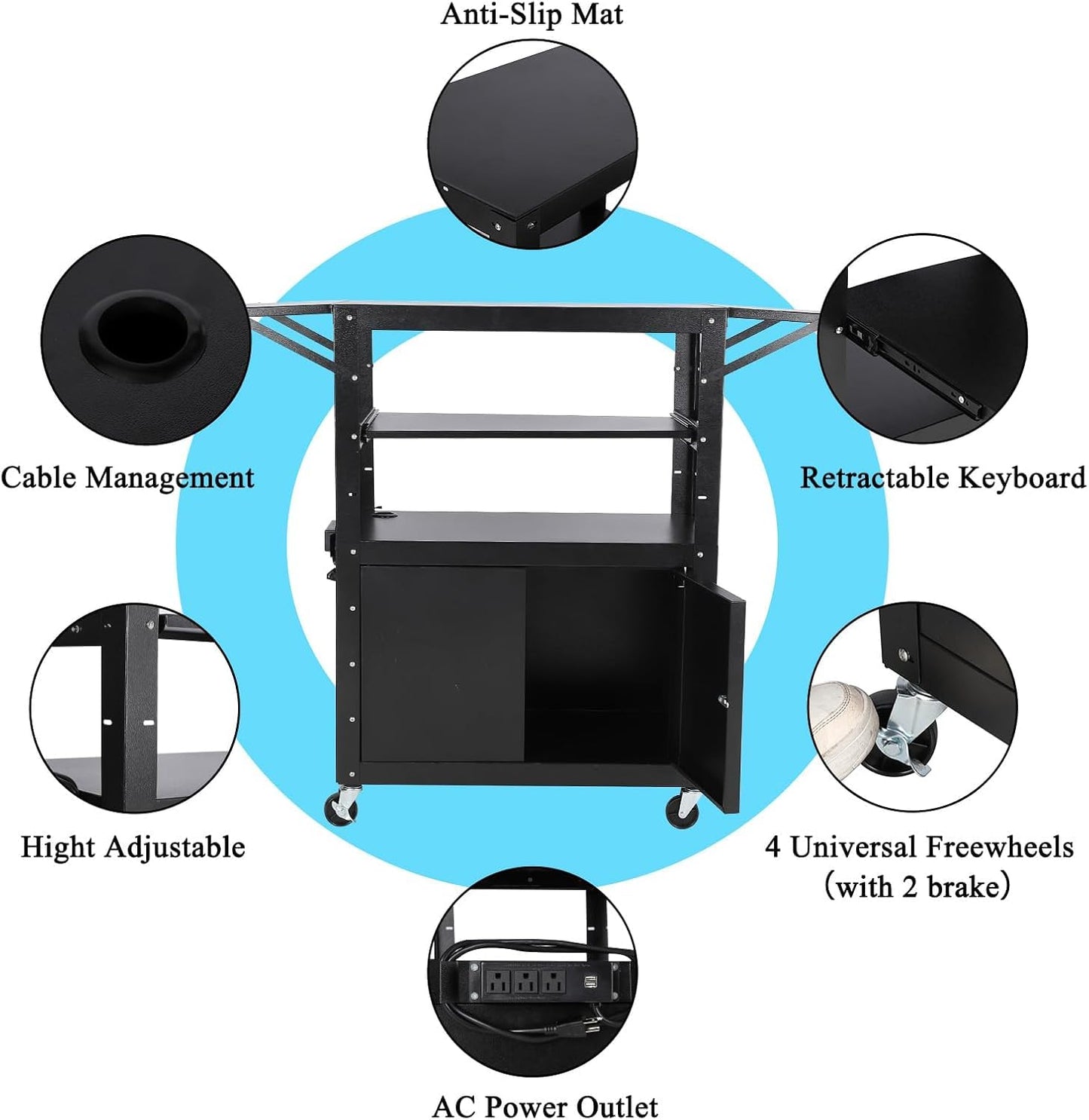 Rolling AV Cart with Locking Cabinet, Laptop Stand, and Drop Leaves, Height Adjustable Mobile Utility Cart Workstation with Extra Storage Space, Power Strip
